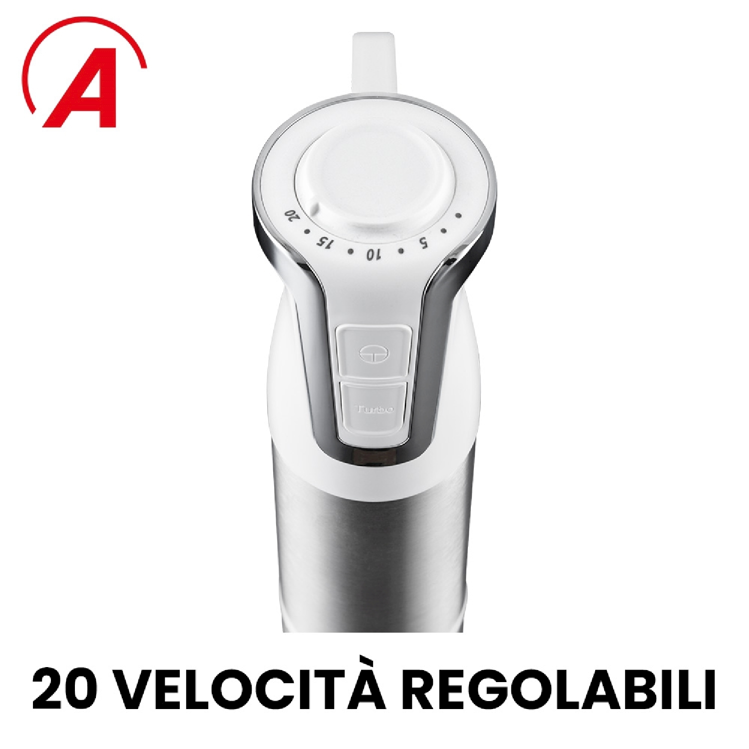 Frullatore con impostazioni di velocità, sfondo bianco, vista ravvicinata.