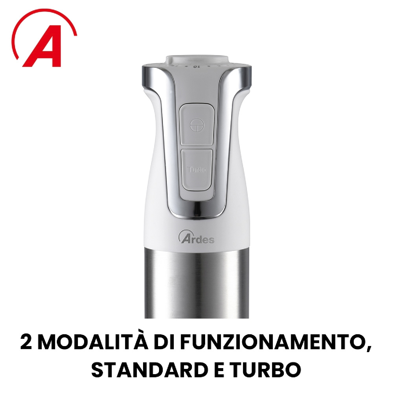 Frullatore a immersione bianco e argento. Sono visibili due pulsanti, con il logo Ardes in basso.