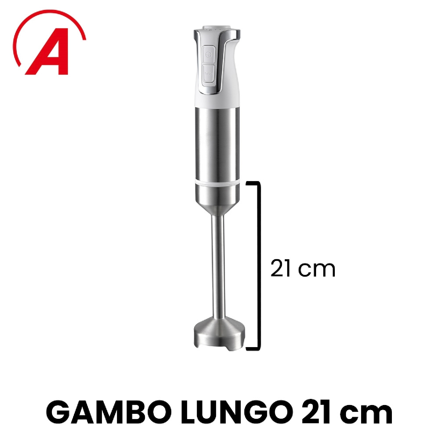 Frullatore a immersione argento e bianco con un indicatore di misurazione di 21 cm.