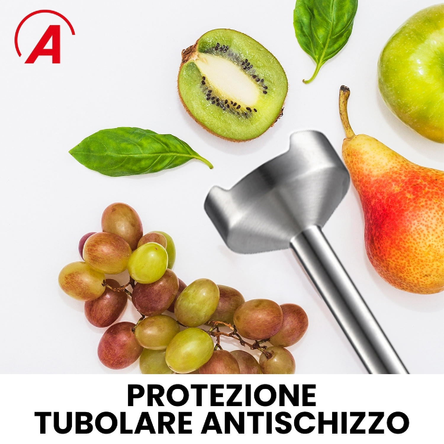 Frullatore con frutta: uva, kiwi, pera. Testo: TUBOLARE ANTISCHIZZO.