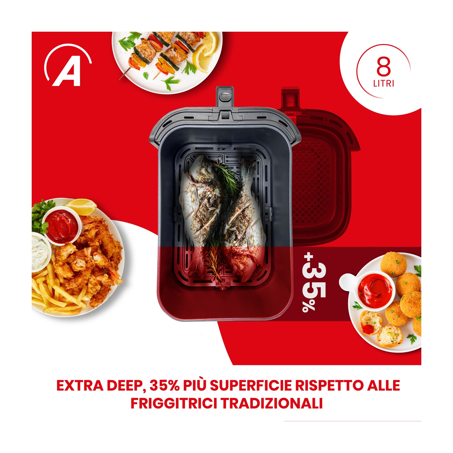 Friggitrice ad aria con cibo intorno e sfondo rosso.