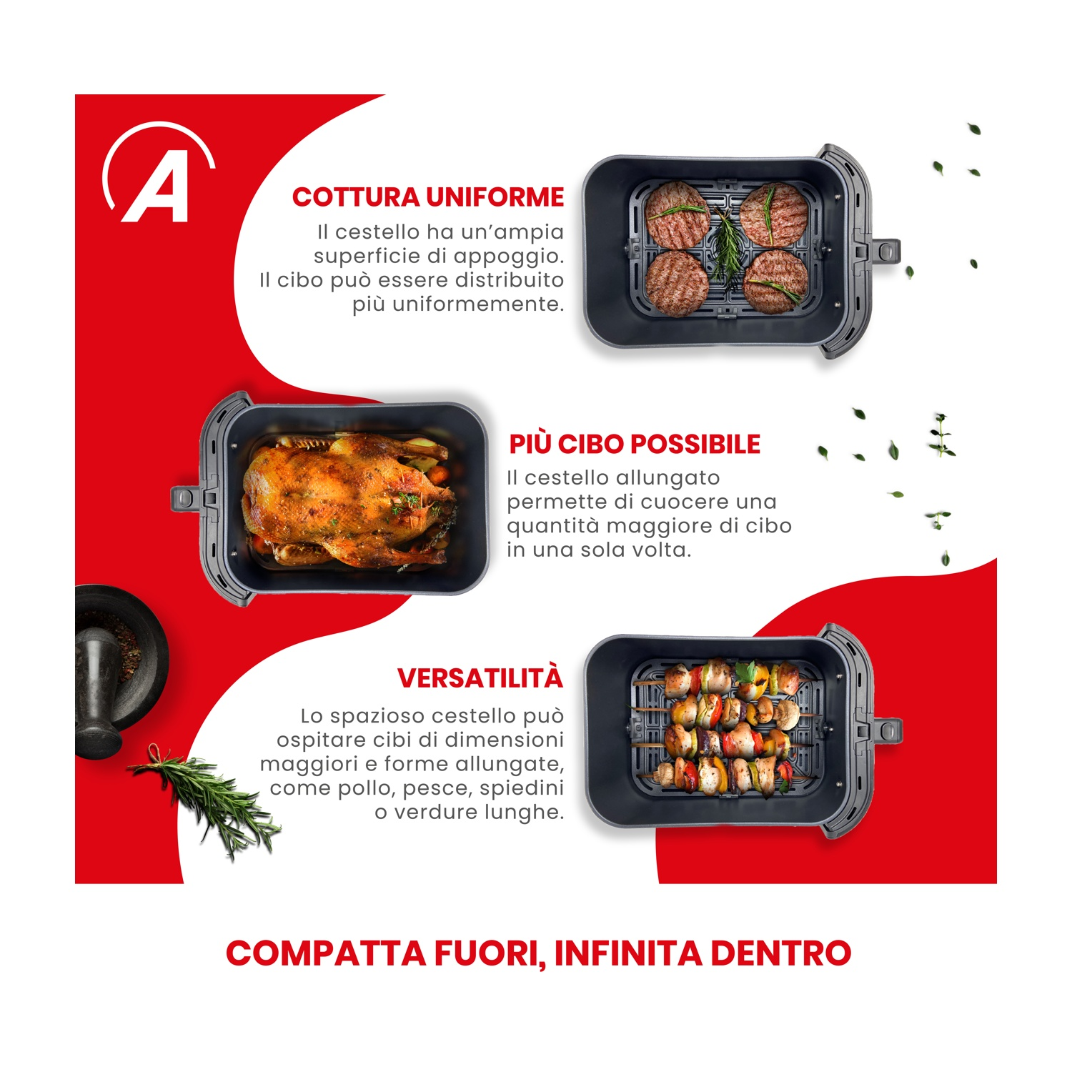 Un'infografica mostra cibo cotto in una friggitrice ad aria nera. Il testo descrive la cottura uniforme, lo spazio e la versatilità.