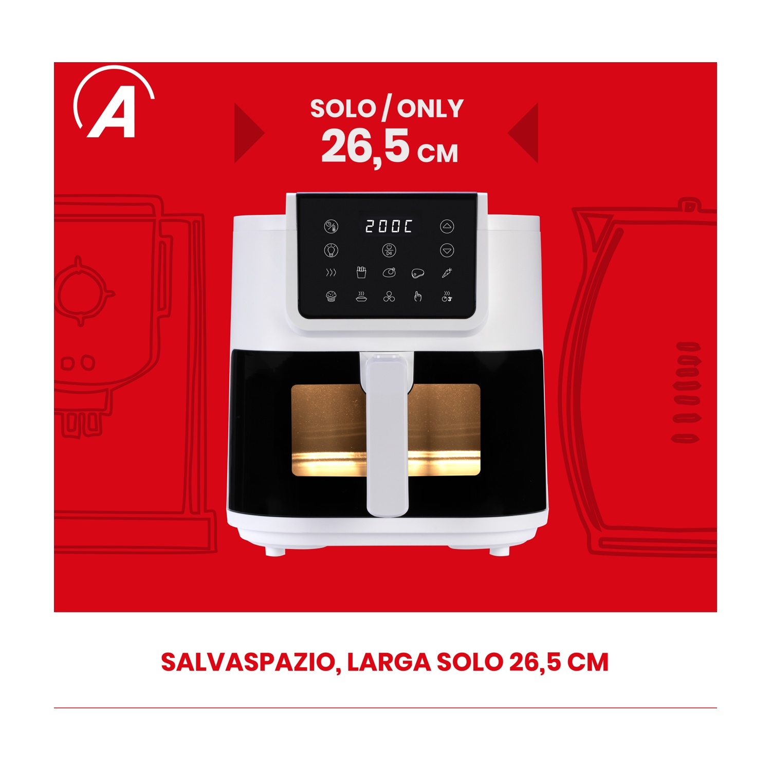 Friggitrice ad aria bianca e nera su sfondo rosso, con testo e contorno bollitore.