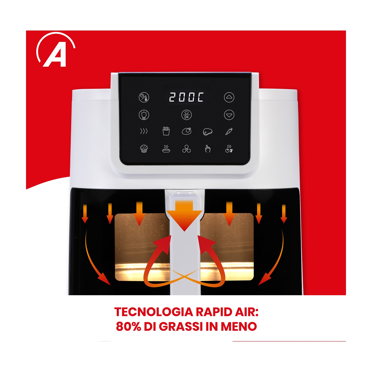 Friggitrice ad aria bianca con display digitale e il testo: Tecnlogia Rapid Air: 80% di grassi in meno.