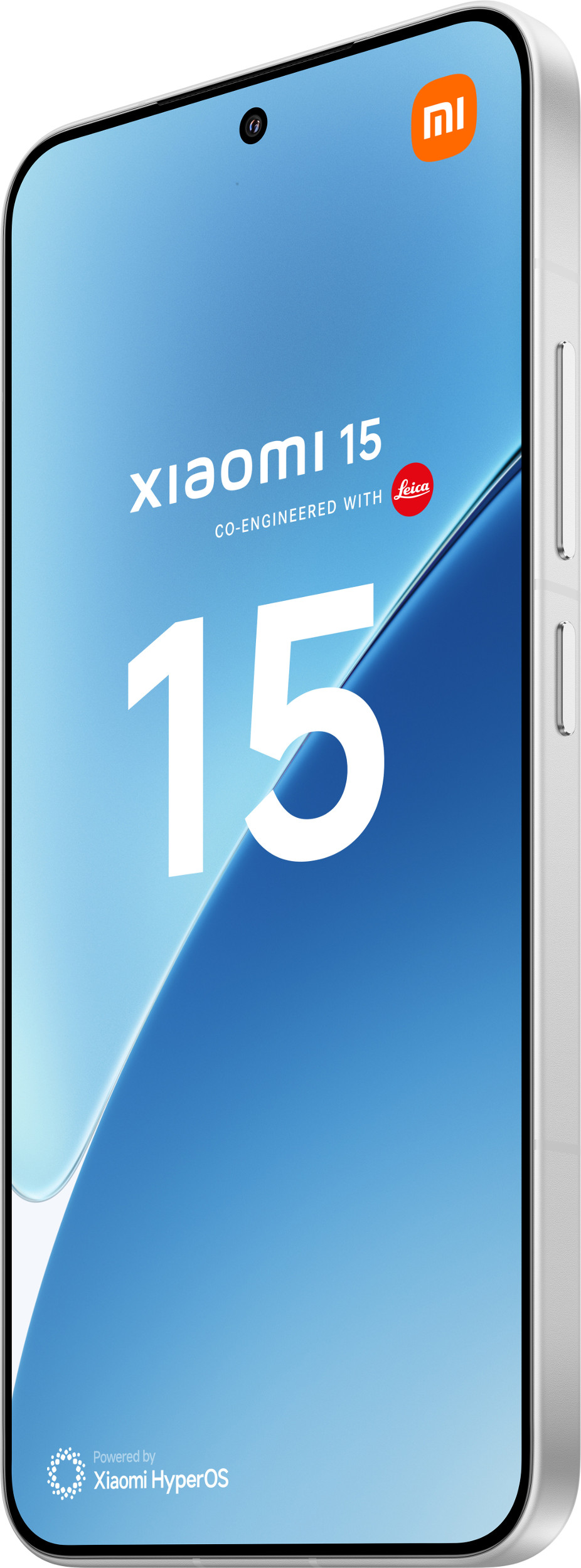 Biały smartfon z logo Xiaomi. Ekran ma niebieski design z białym tekstem.