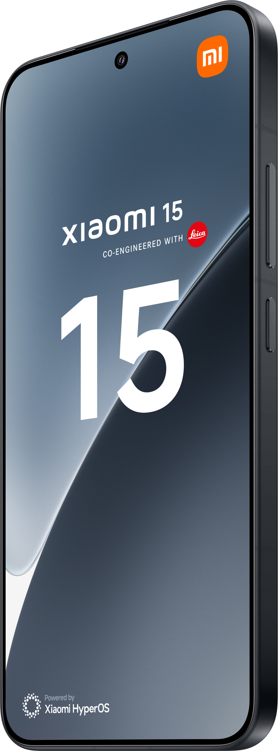 Telefon Xiaomi 15 w widoku z boku. Telefon jest czarny z dużą liczbą 15 na ekranie.