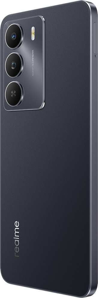 Egy sötétkék okostelefon kameramodullal. A telefon hátulján a realme logó látható.