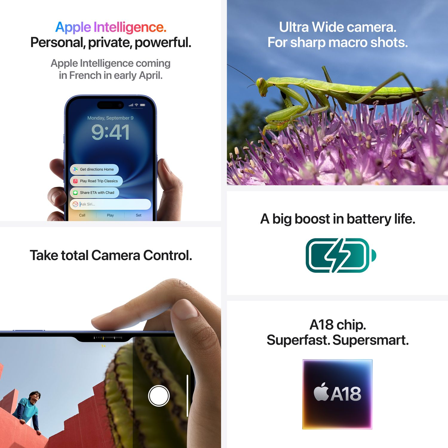 Apple-advertentie toont iPhone met hand, macro-opname, batterij-icoon en A18-chiplogo, met functies.