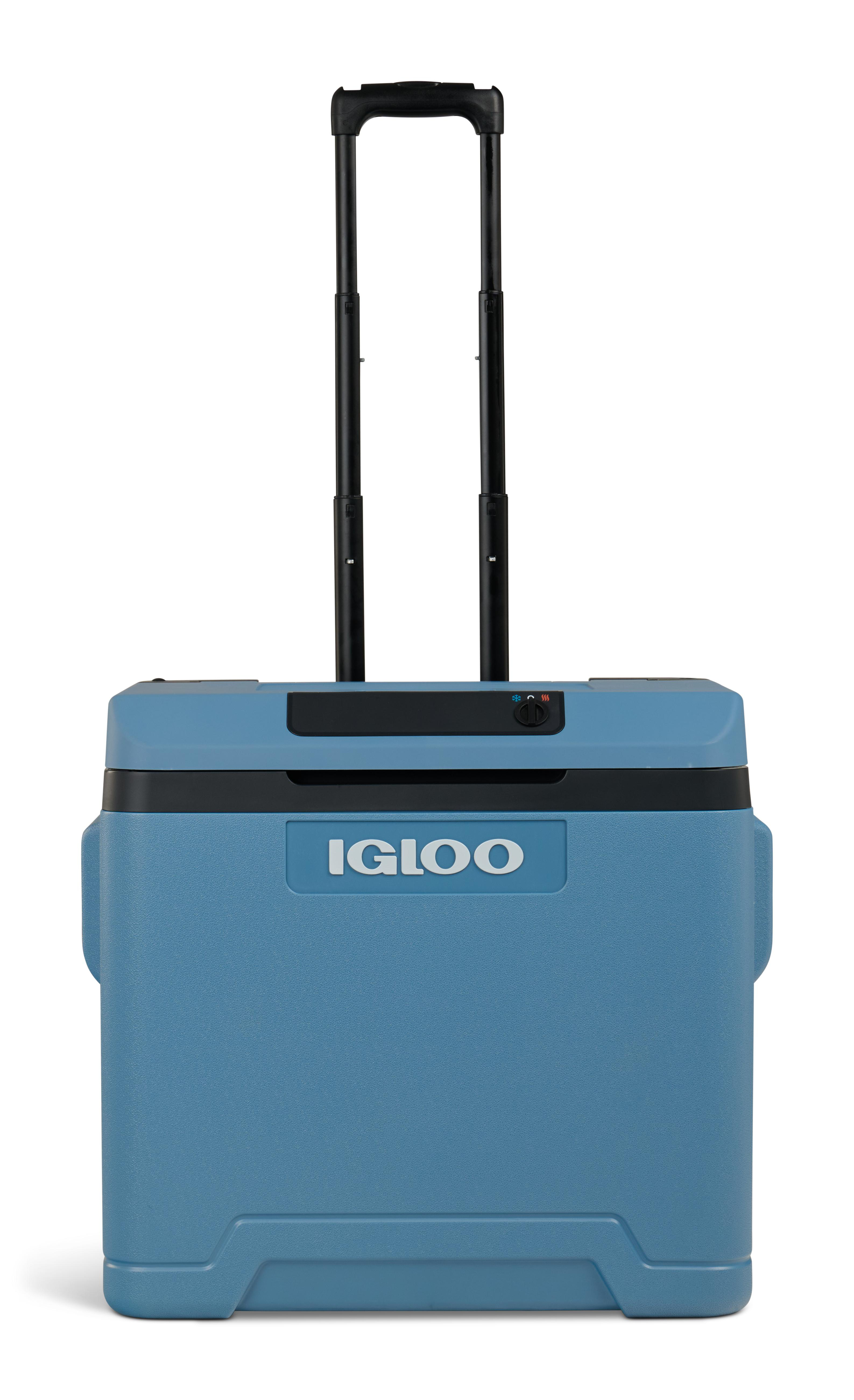 Blauer Igloo-Kühler mit schwarzem Griff und Igloo-Logo.
