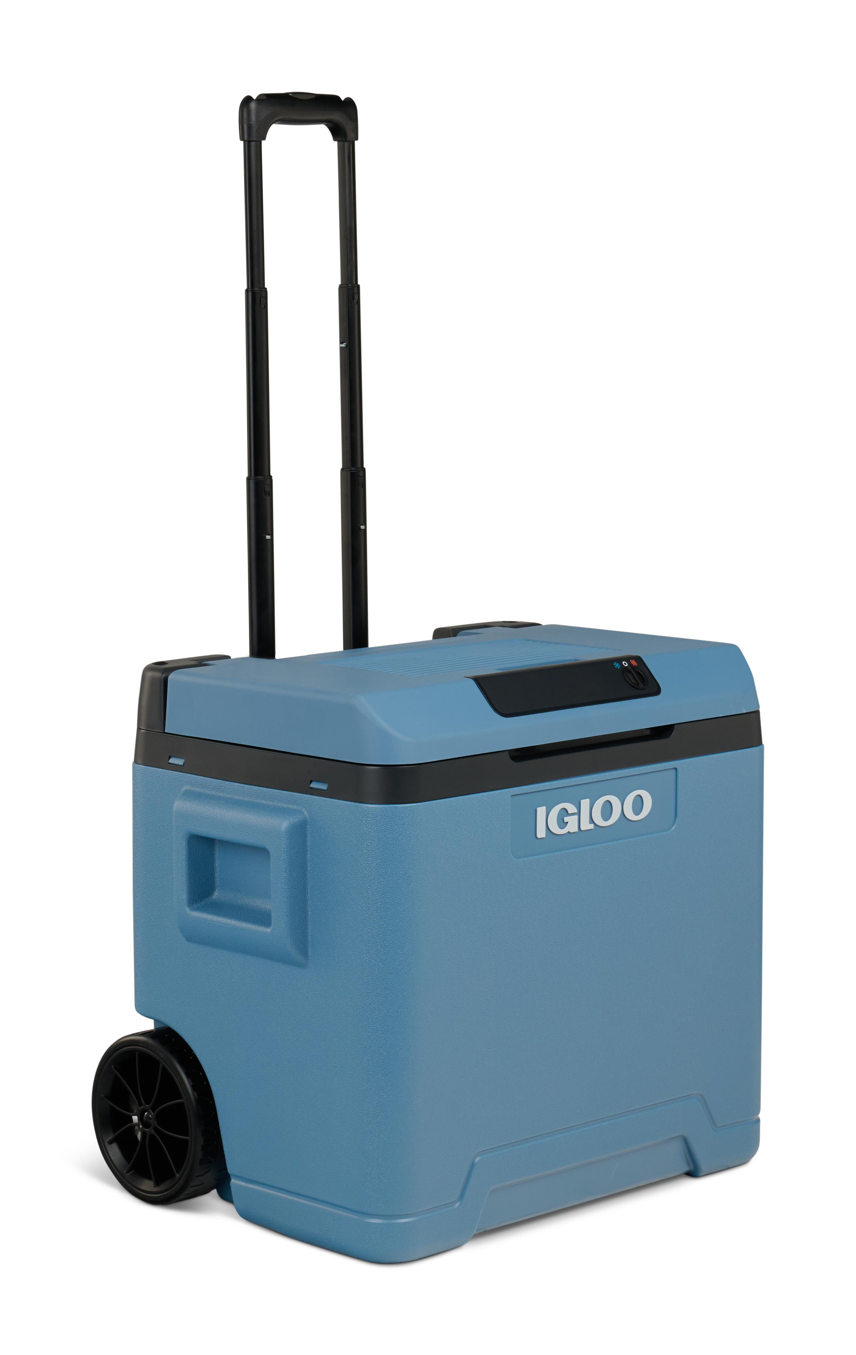 Blauer Igloo-Kühlbehälter mit schwarzem Griff und Rädern.