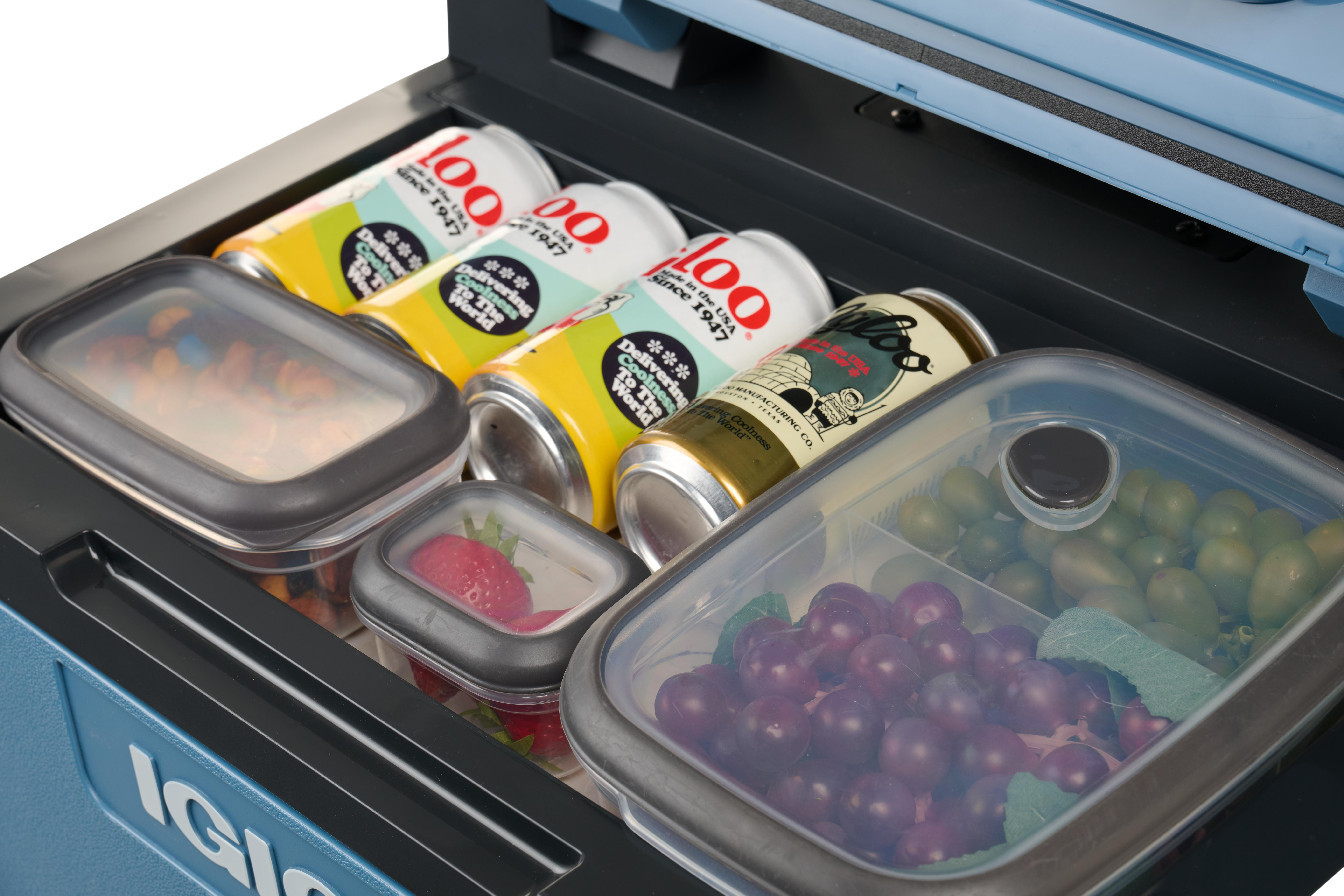 Eine Kühlbox gefüllt mit Lebensmitteln: Getränkedosen, Erdbeeren und Trauben.