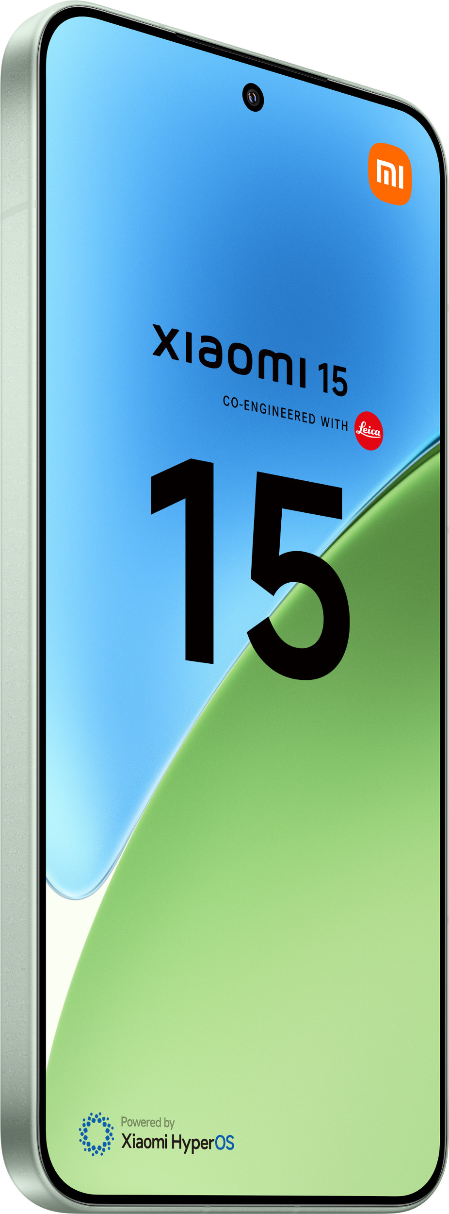 Smartfon Xiaomi 15 w jasnym zielonym kolorze, widok z boku.