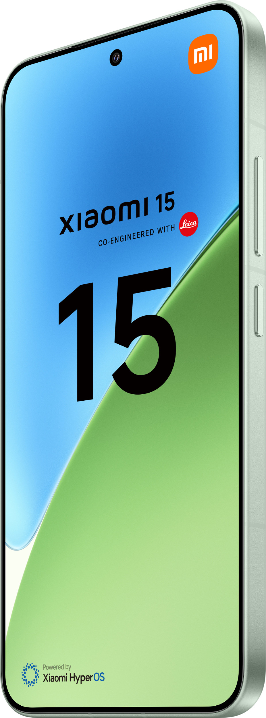 Zielony telefon Xiaomi 15. Ekran wyświetla numer '15' i logo marki.