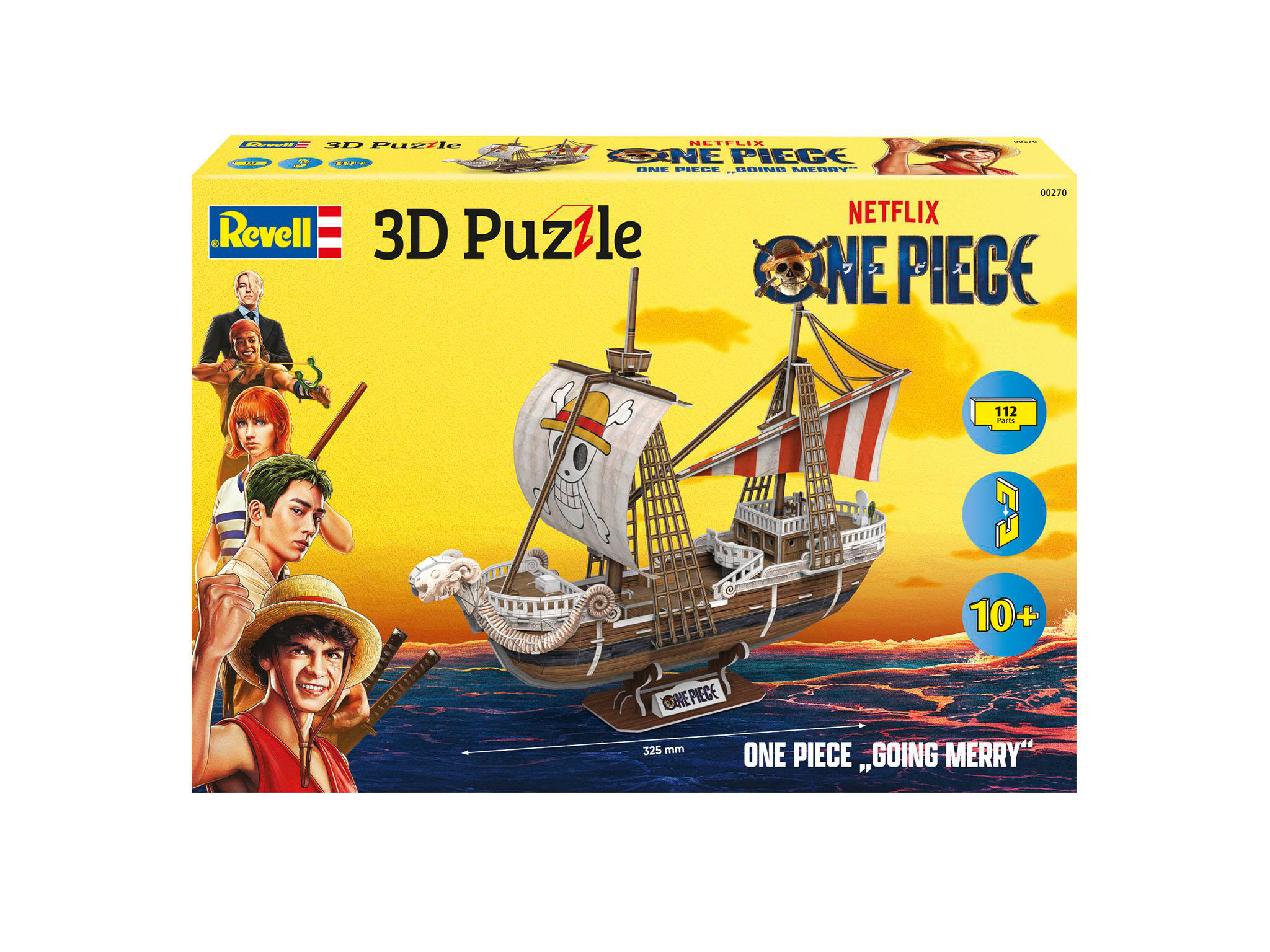 Eine One Piece 3D Puzzlebox mit dem Schiff Going Merry und Charakteren aus dem Anime.