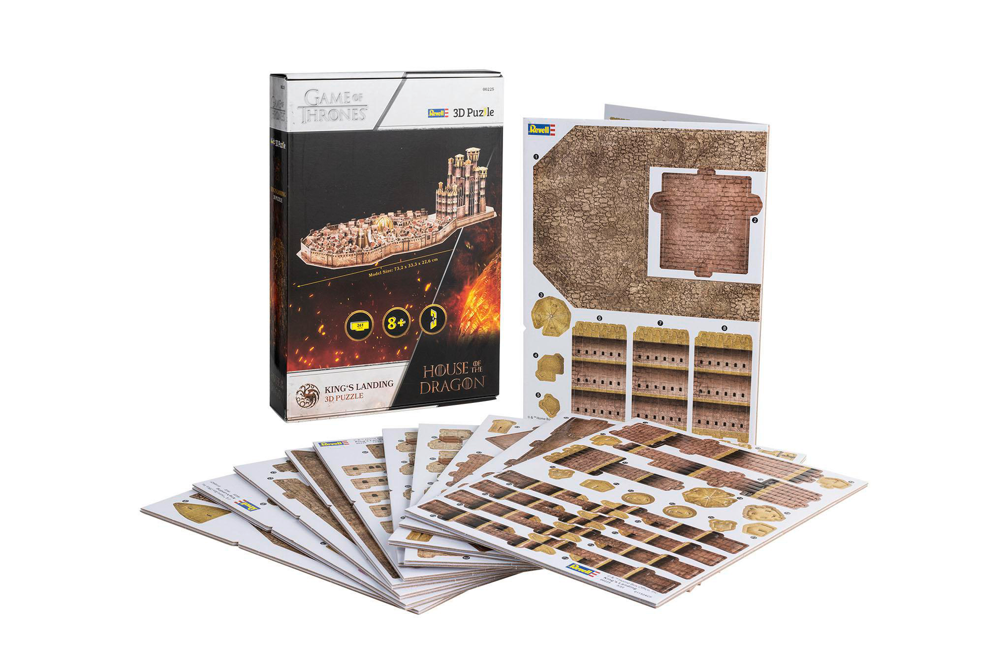 Game of Thrones 3D-Puzzle-Box und Teile. Das Puzzle stellt King's Landing und House of Dragon dar.