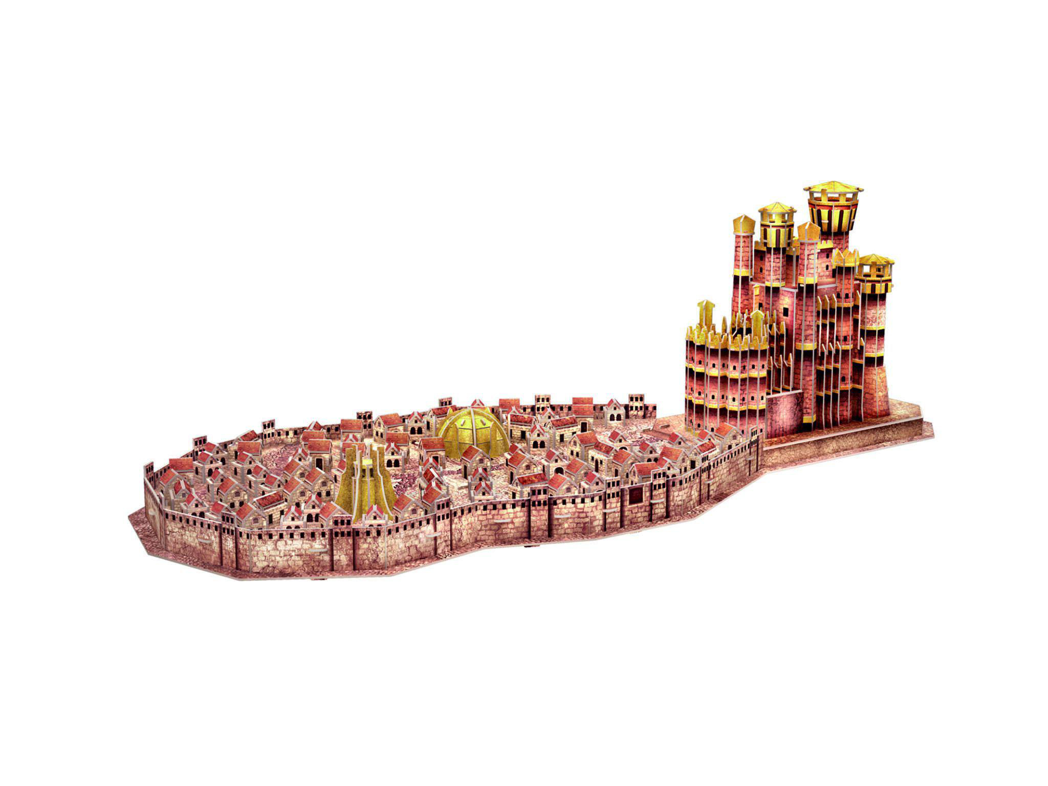 Modell einer Stadt mit roten Dächern und goldenen Türmen auf weißem Grund.