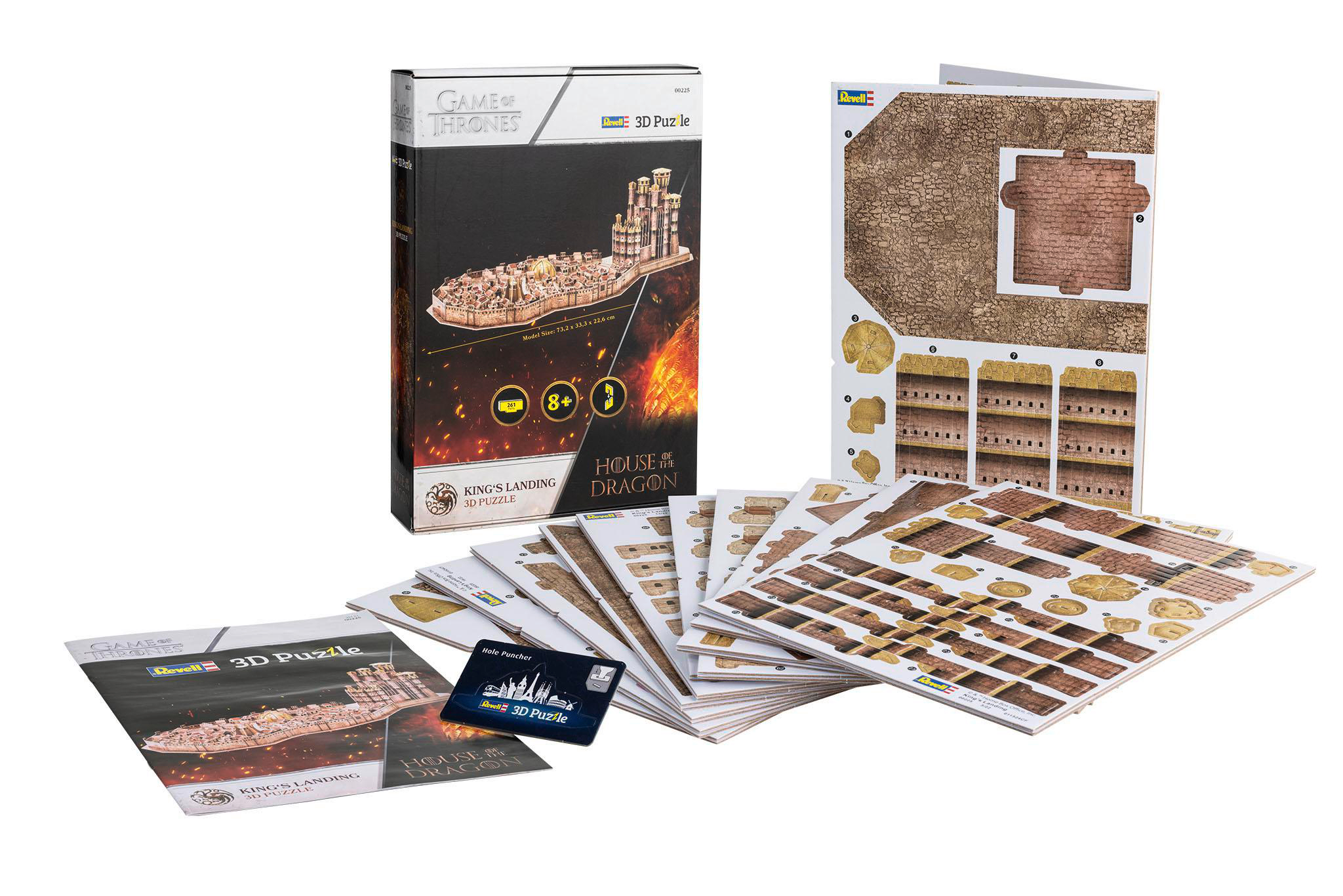 Eine 3D-Puzzle-Box für die Game of Thrones-Serie, mit Puzzleteilen und Anweisungen.