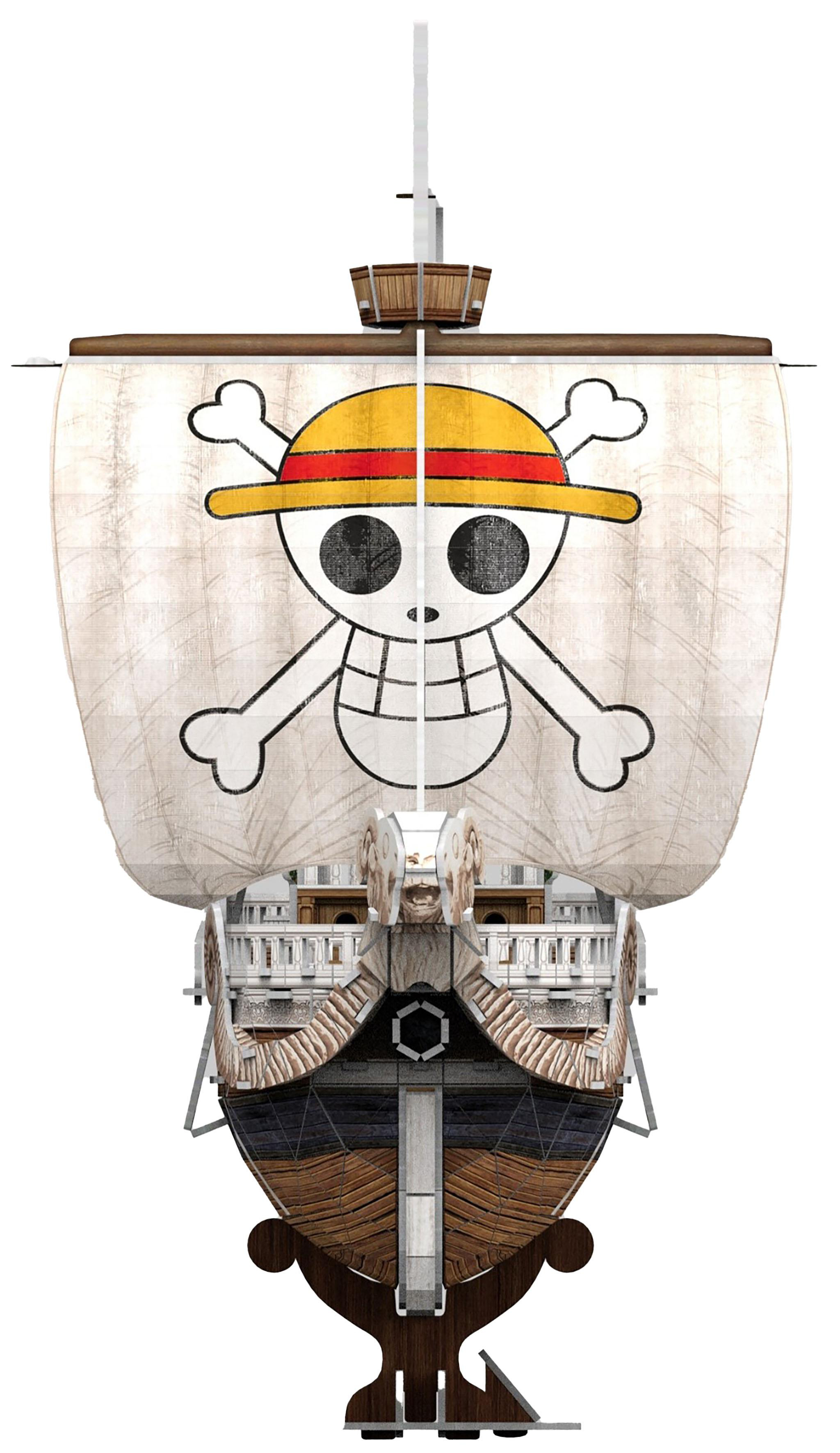 Modellschiff mit weißem Segel und einem Jolly Roger Symbol.