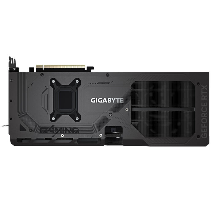 Eine schwarze und graue Gigabyte GeForce RTX Grafikkarte, von hinten gesehen.