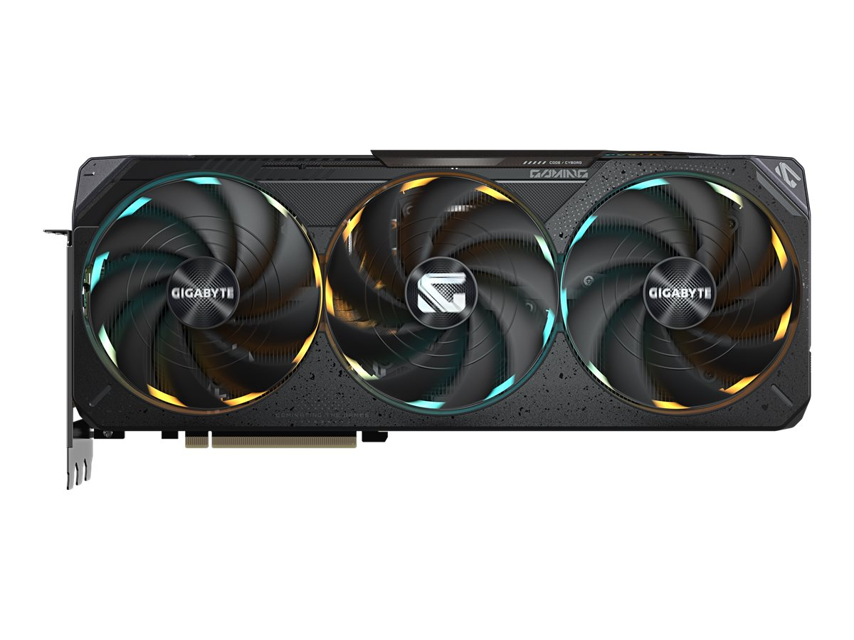 Eine schwarze und silberne Gigabyte-Grafikkarte mit drei Lüftern auf weißem Hintergrund.