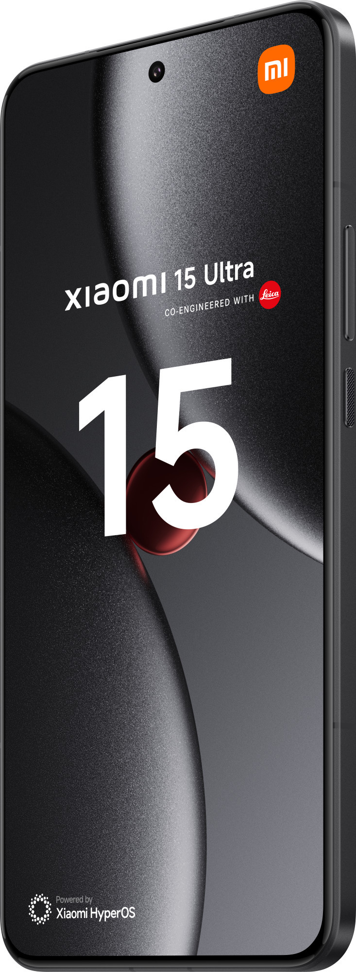 Czarny smartfon z ekranem wyświetlającym słowa 'Xiaomi 15 Ultra' i logo marki.
