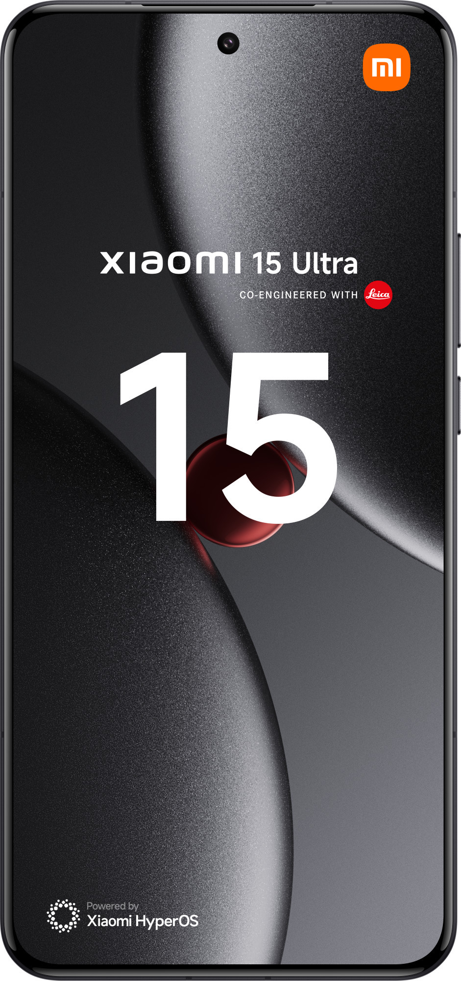 Telefon Xiaomi 15 Ultra, czarny z dużym '15' i logo Xiaomi HyperOS. Białe tło.