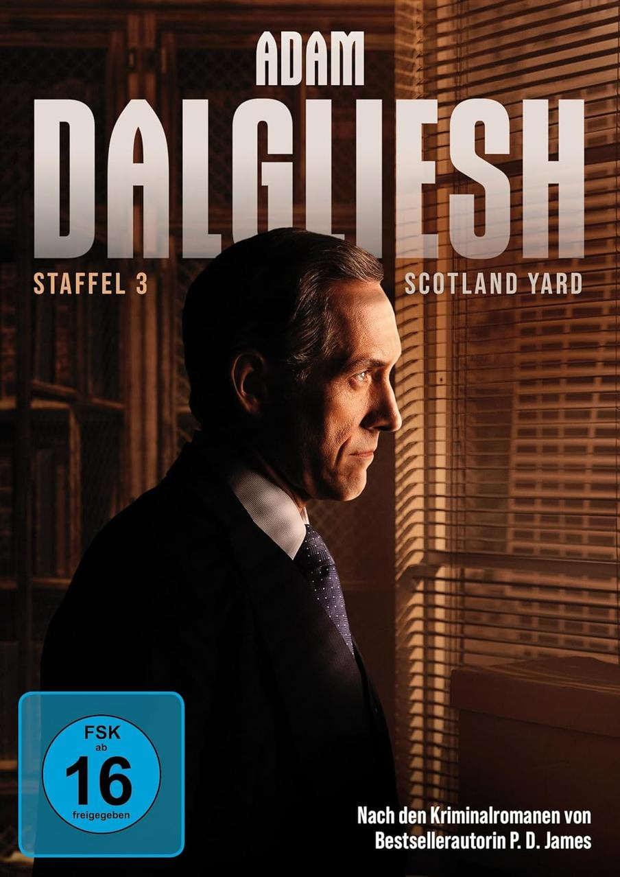 DVD-Cover. Ein Mann im Anzug schaut aus einem Fenster. Text: Adam Dalgliesh, Staffel 3 und Scotland Yard.