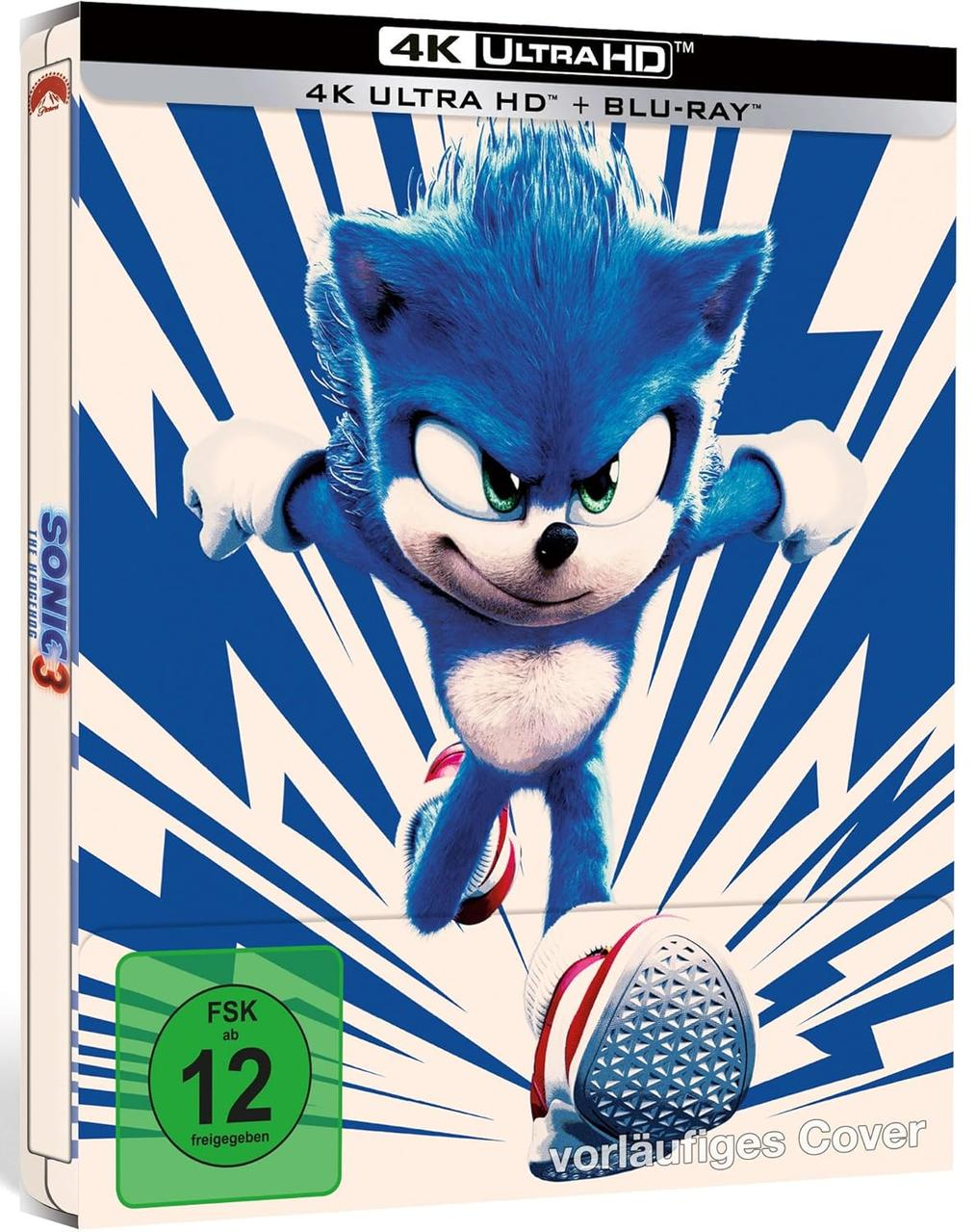 Ein blauer Sonic the Hedgehog-Filmcase mit Text und einer Bewertung.