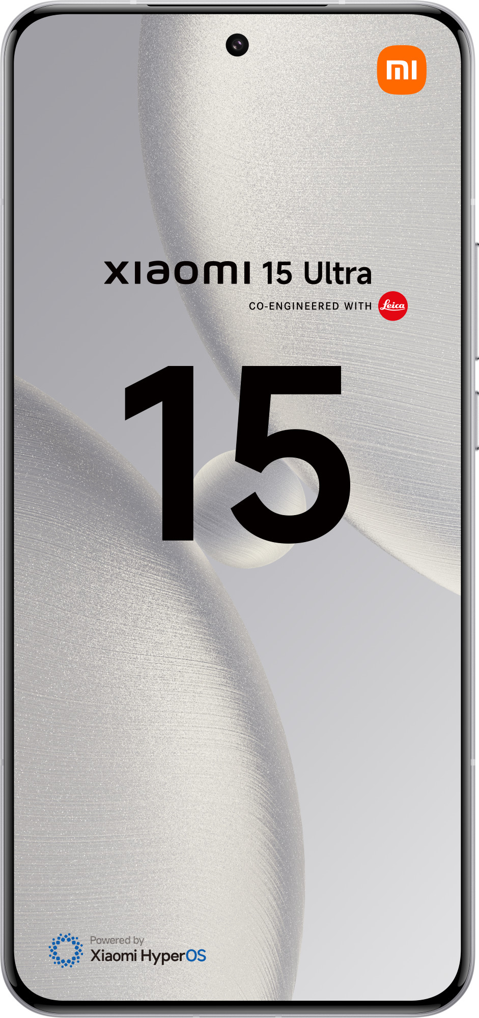 Ekran telefonu pokazujący Xiaomi 15 Ultra, z tekstem i białym tłem.