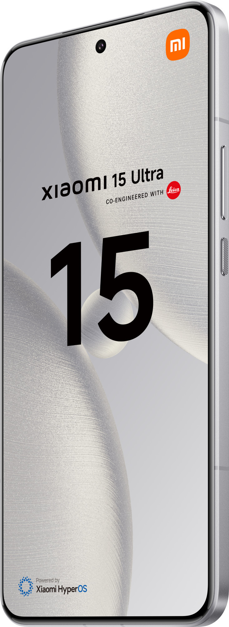 Srebrny smartfon, pod kątem, białe tło. Xiaomi 15 Ultra, branding Leica.