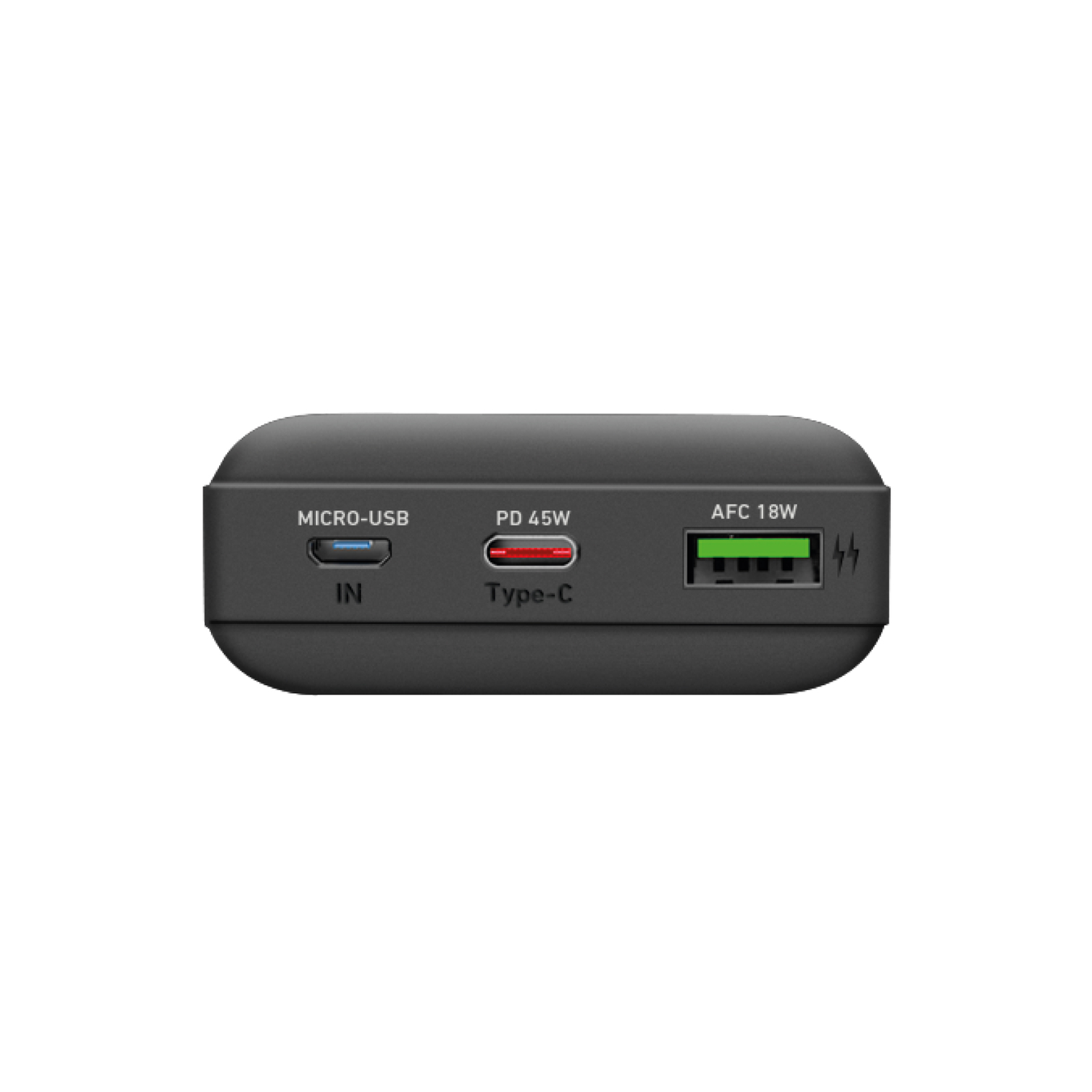Black power bank with Micro-USB, Type-C, and AFC 18W ports. It is on white background.