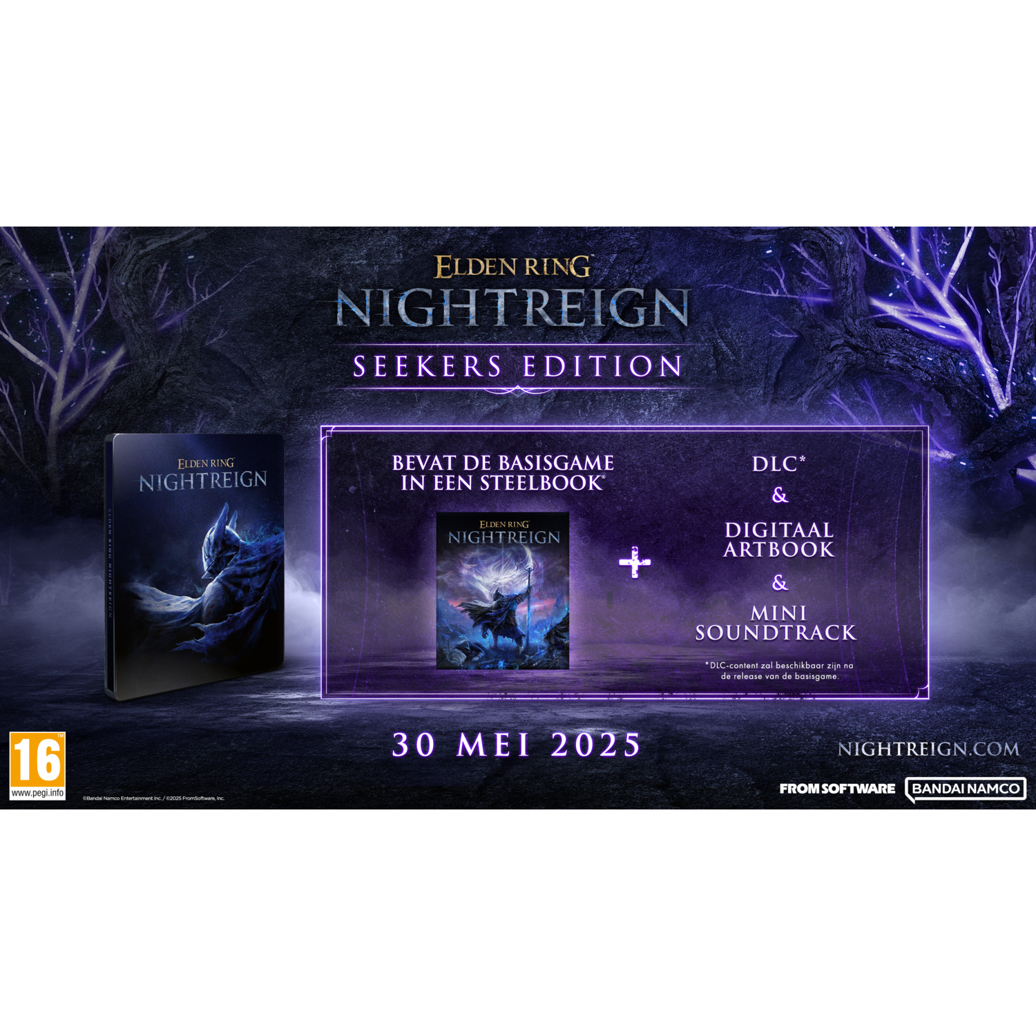 Advertentie voor Elden Ring: Nightreign. Bevat game, DLC en artbook. Releasedatum 30 mei 2025.