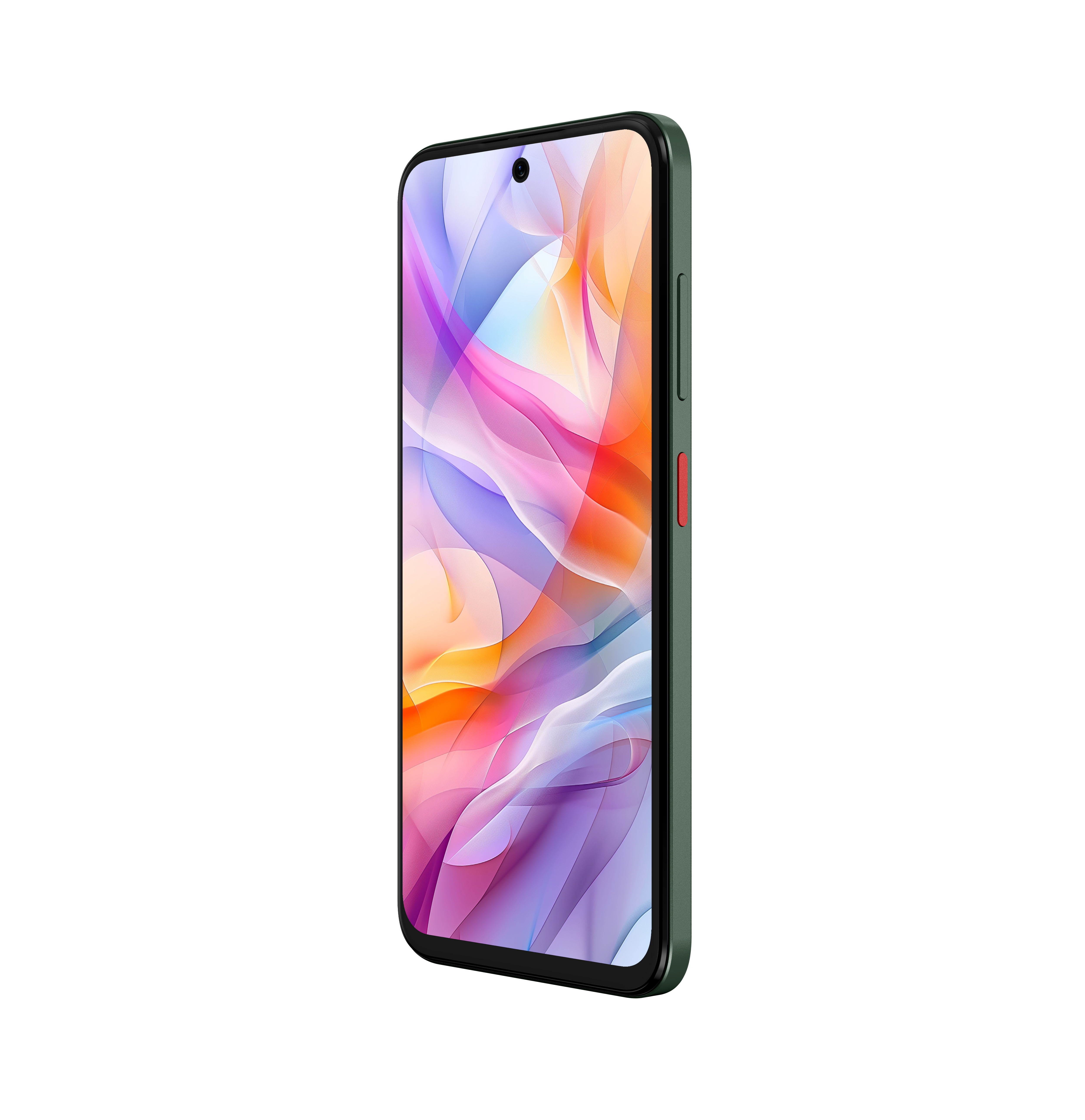 Grünes Telefon mit farbenfrohem Hintergrund auf dem Bildschirm.