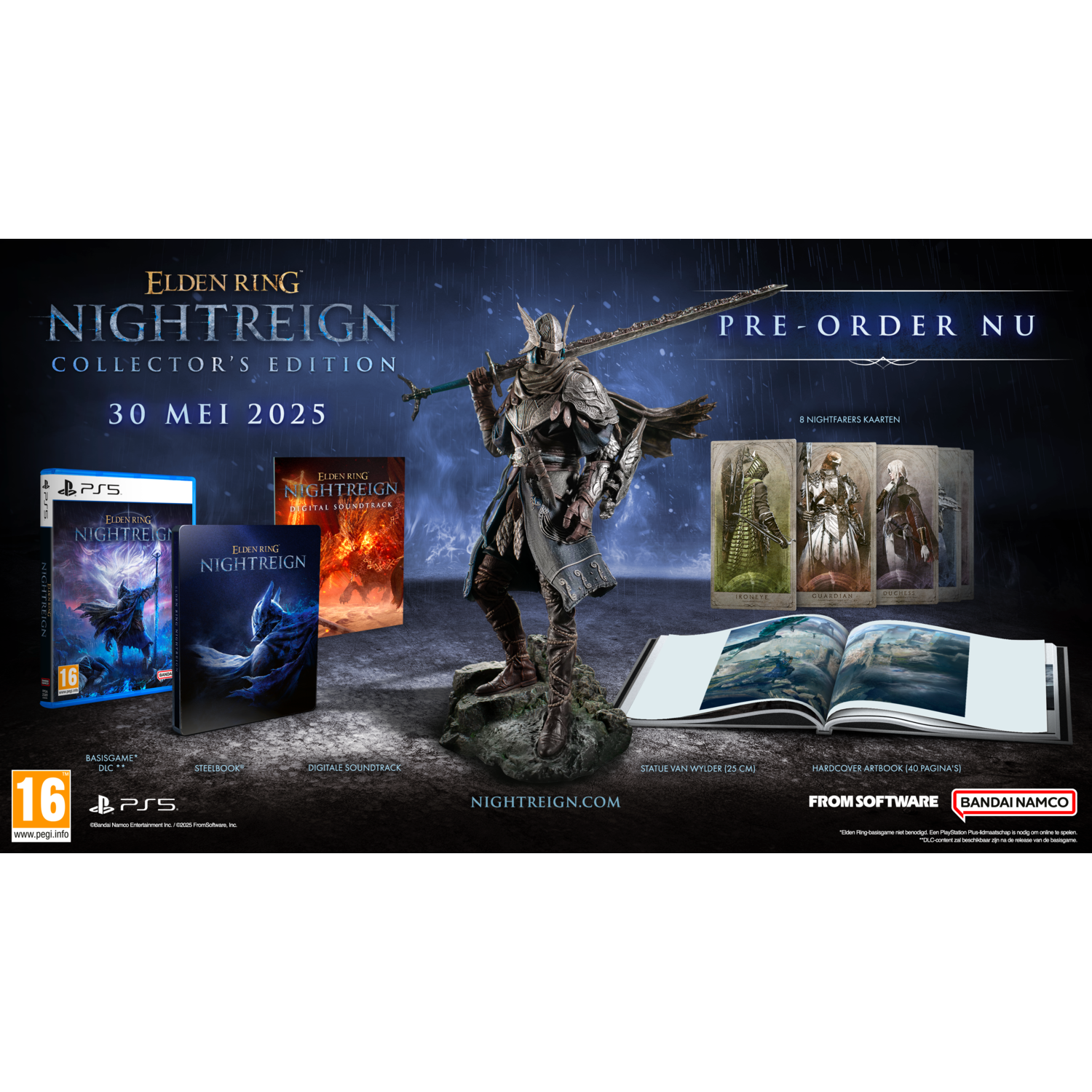 Elden Ring Nightreign Collector's Edition. Bevat beeld, game, soundtrack, artbook en kaarten. Bestel nu!