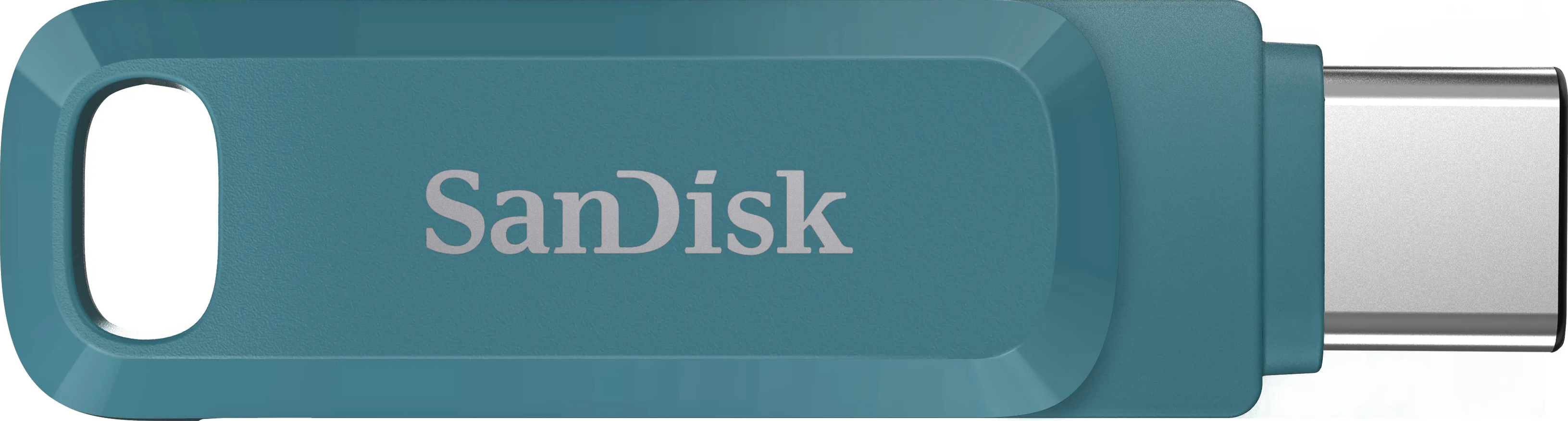 Une clé USB Sandisk turquoise, vue de dessus.
