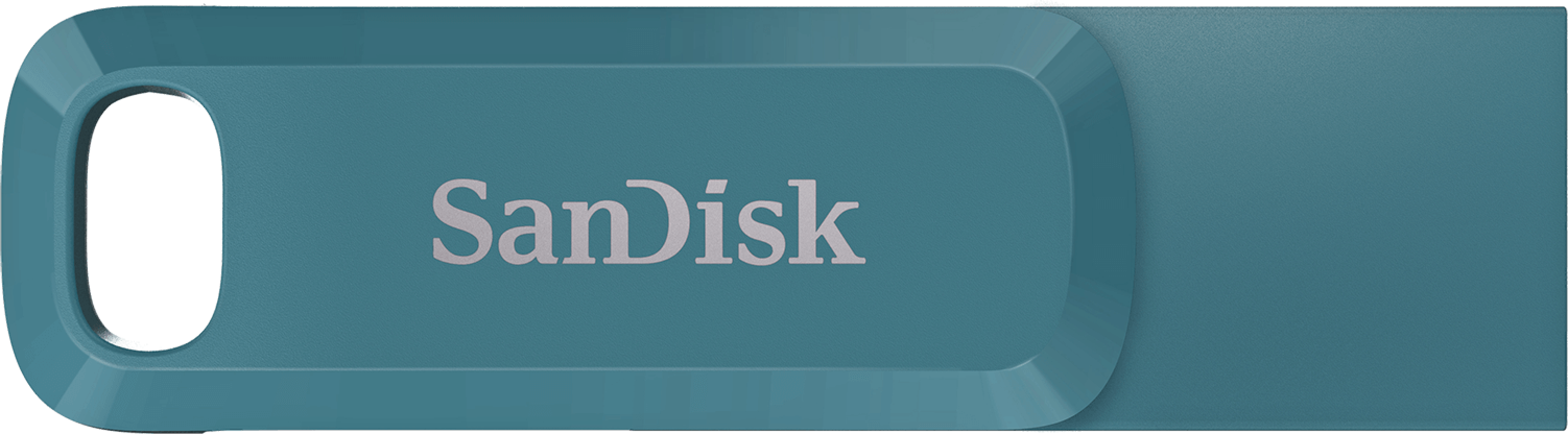 Clé USB SanDisk bleue, avec logo SanDisk argenté, fond noir.