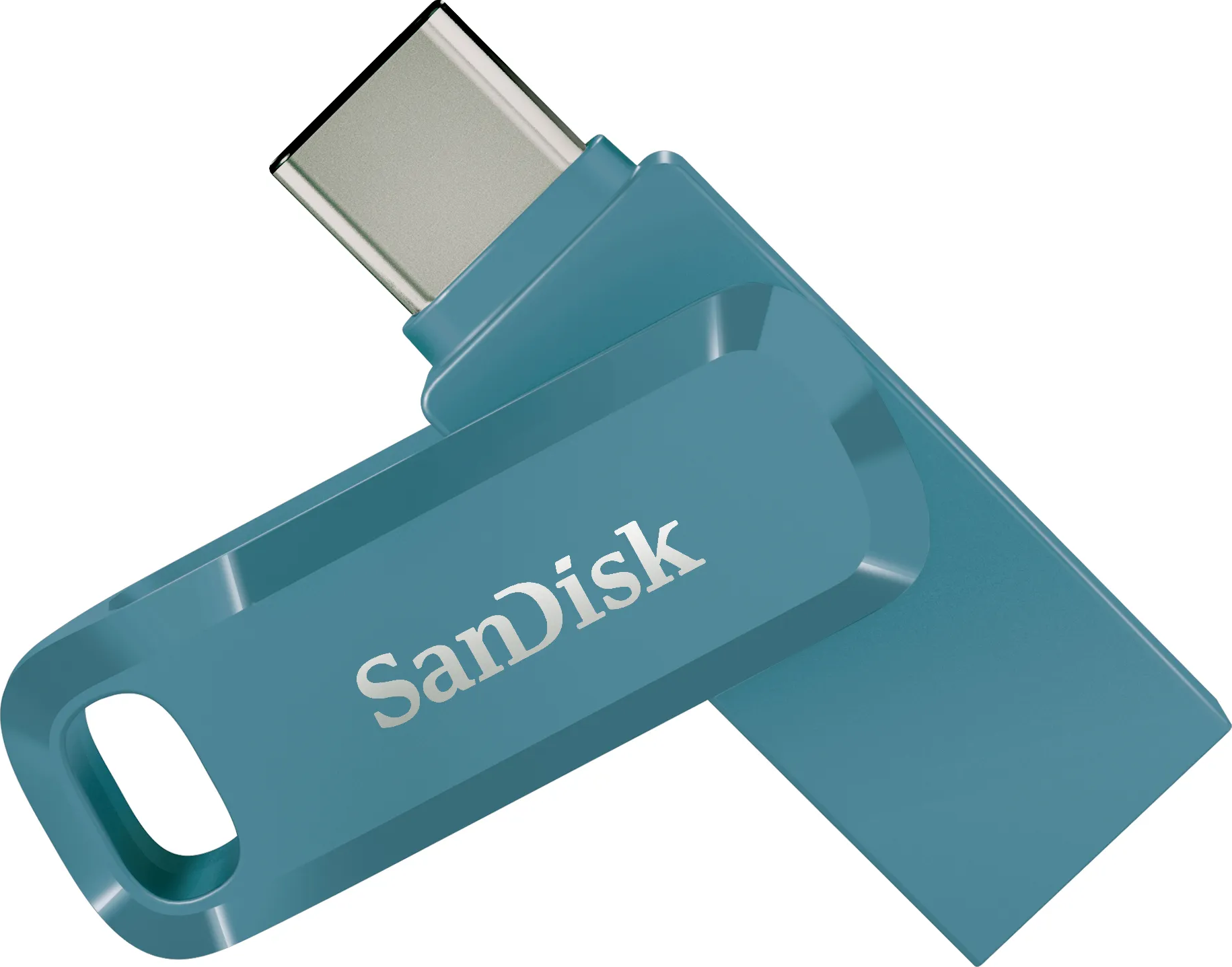 Clé USB-C bleue, avec l'étiquette 'SanDisk', avec un connecteur argenté.