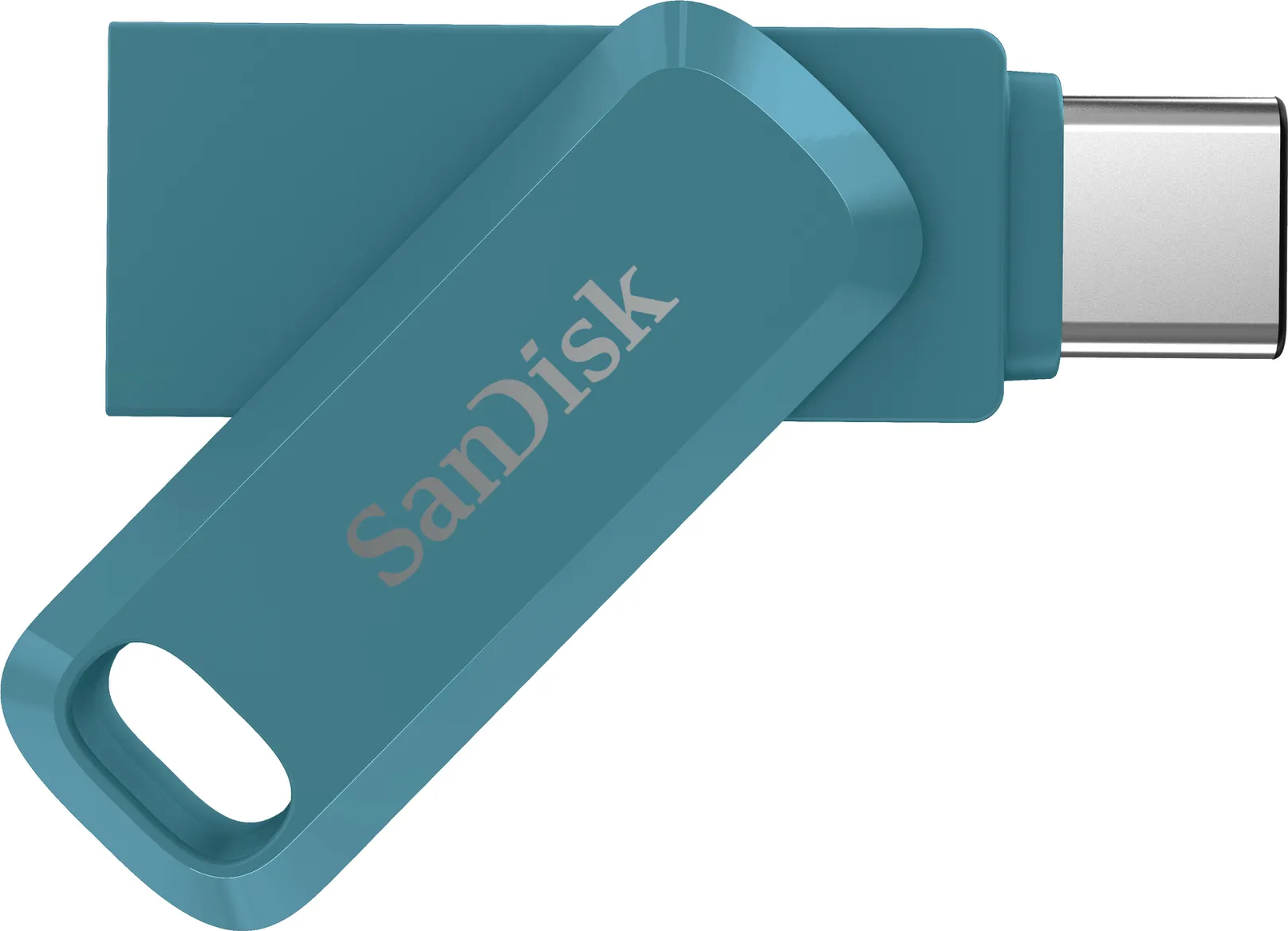 Une clé USB-C turquoise avec le logo 'SanDisk'.