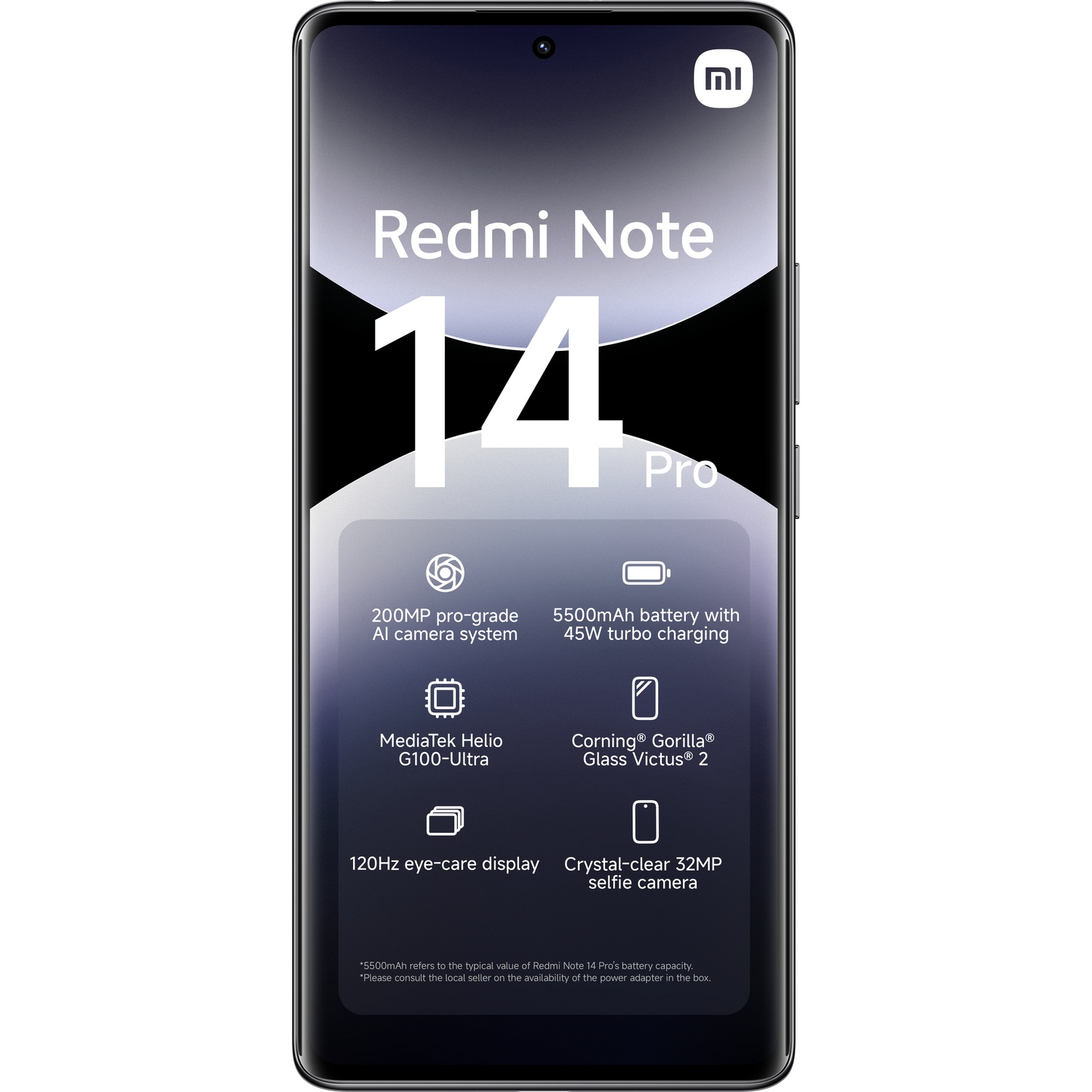 Een smartphone met een groot scherm en details over de functies.