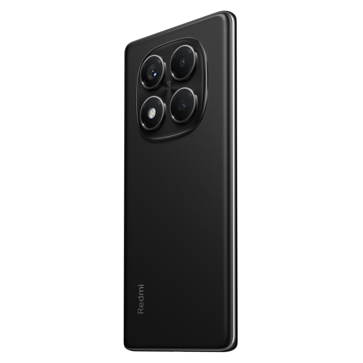 Zwarte smartphone met vier cameralenzen aan de achterkant. Redmi-logo onderaan.