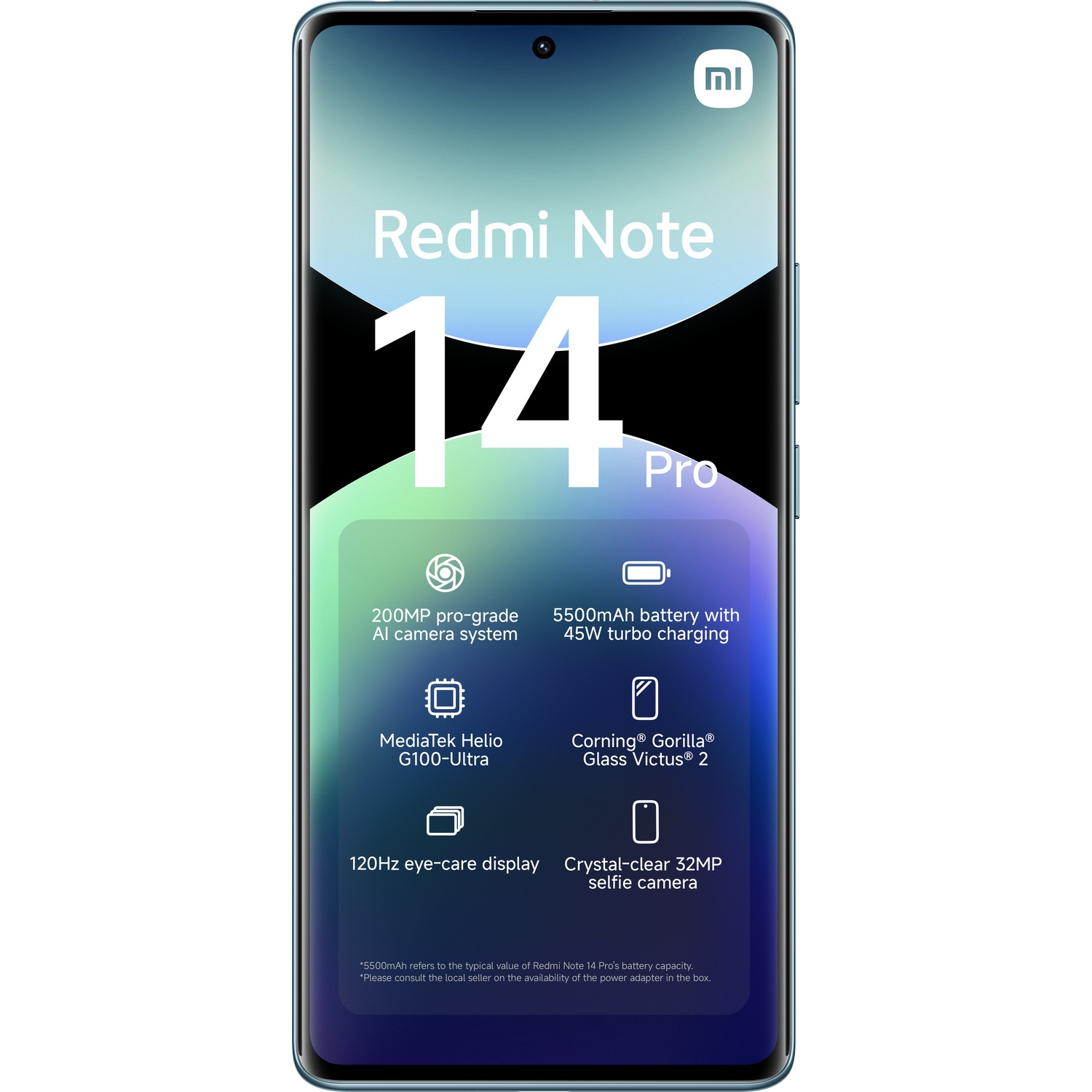Smartphone avec dos bleu clair. L'écran affiche les spécifications: 14 Pro, caméra 200MP, etc.