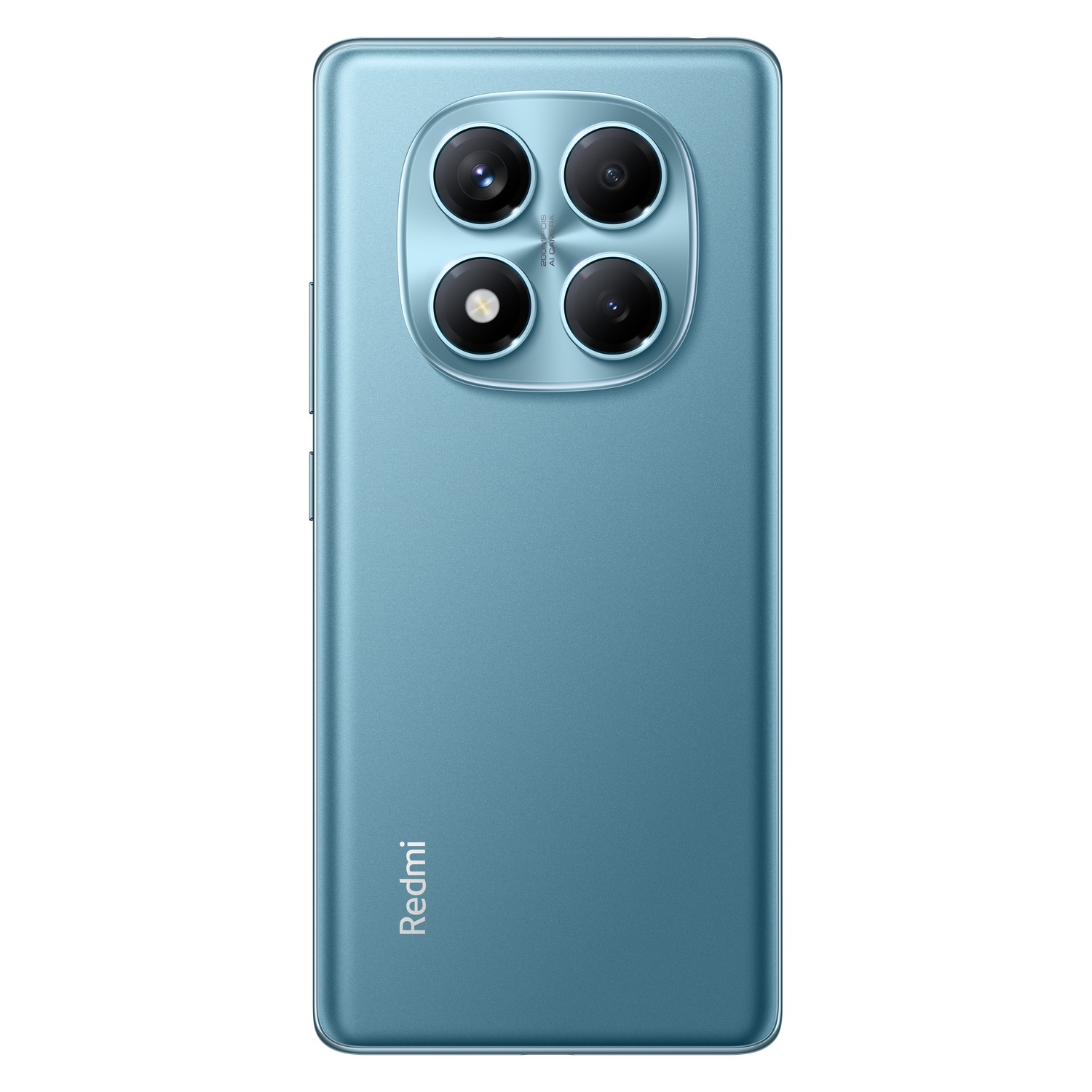 Le dos d'un téléphone Redmi bleu avec quatre caméras.