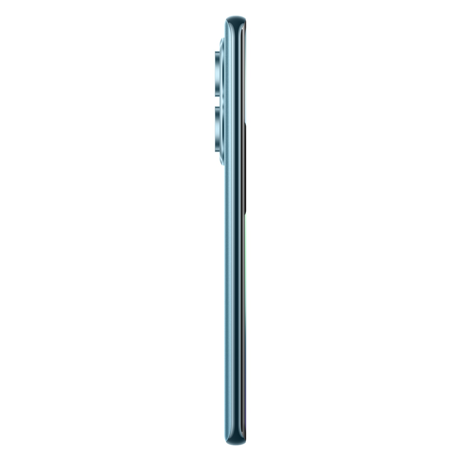 Profil de smartphone. Couleur bleu-vert, plusieurs caméras, écran noir, fond blanc.
