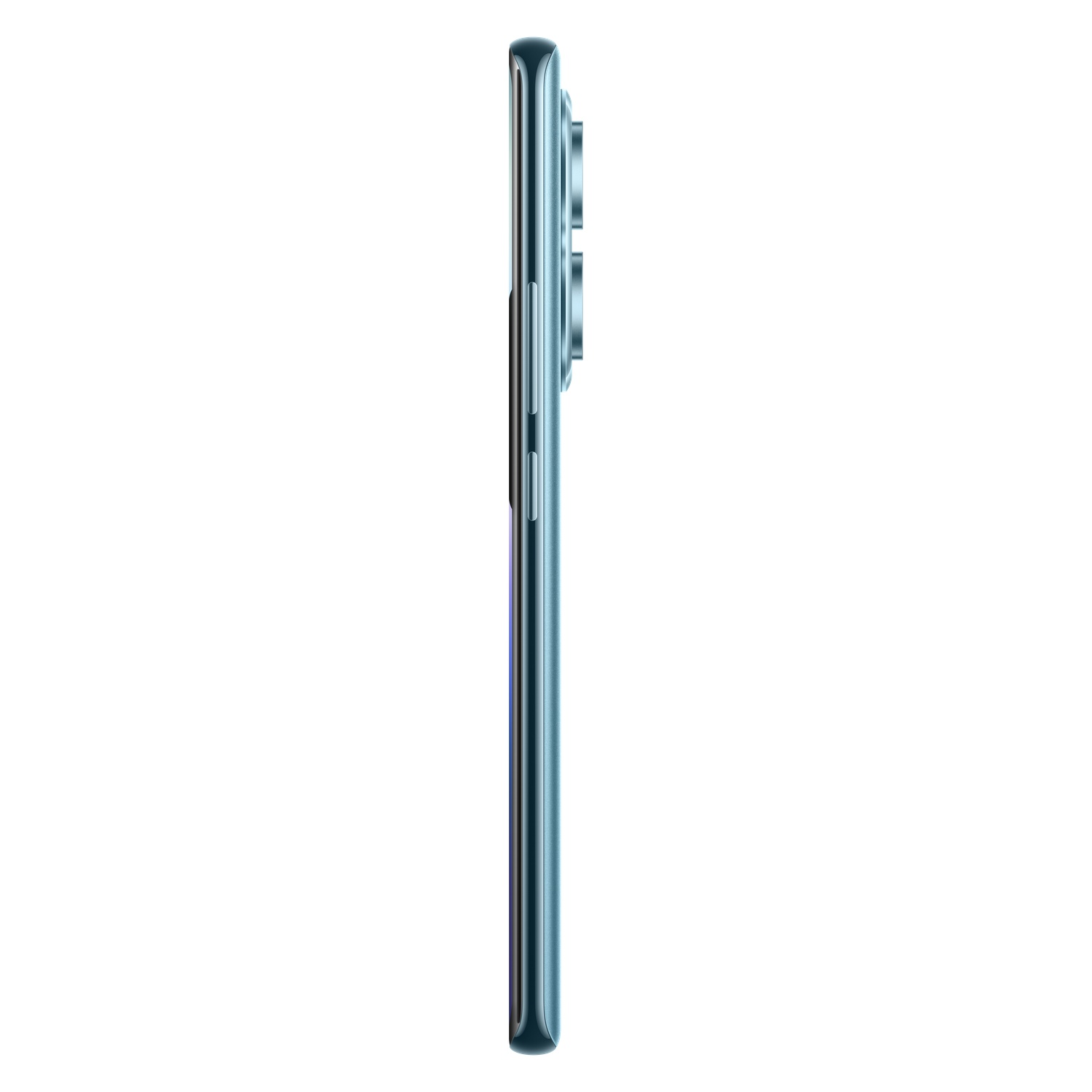 Vue latérale d'un smartphone bleu clair sur fond blanc. Le téléphone a trois caméras.