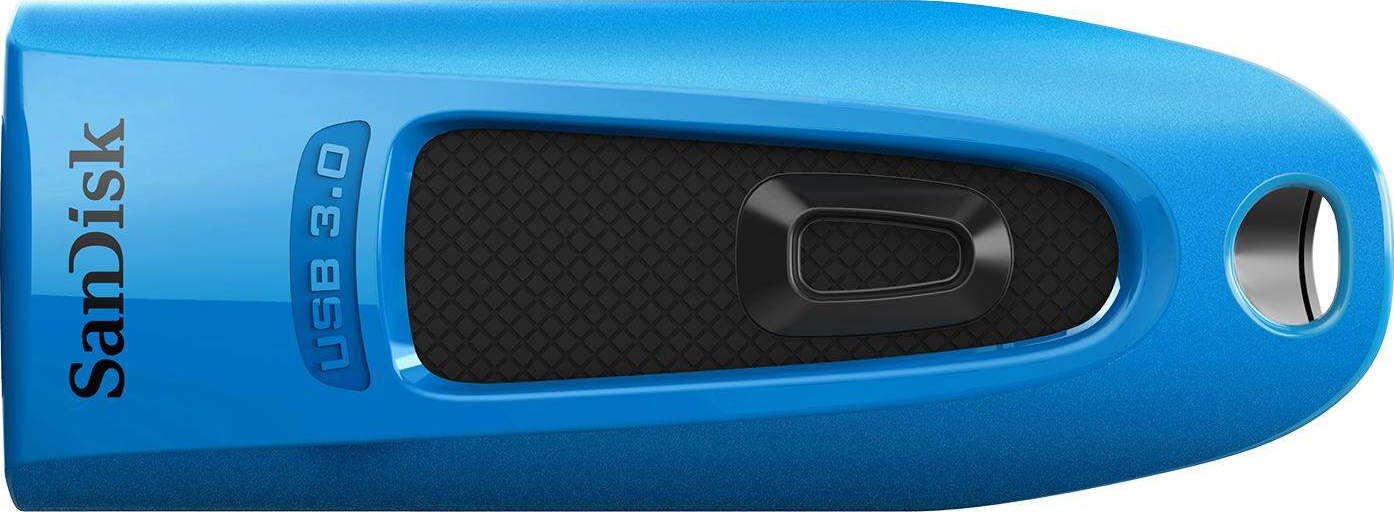 Clé USB 3.0 bleue avec centre noir.