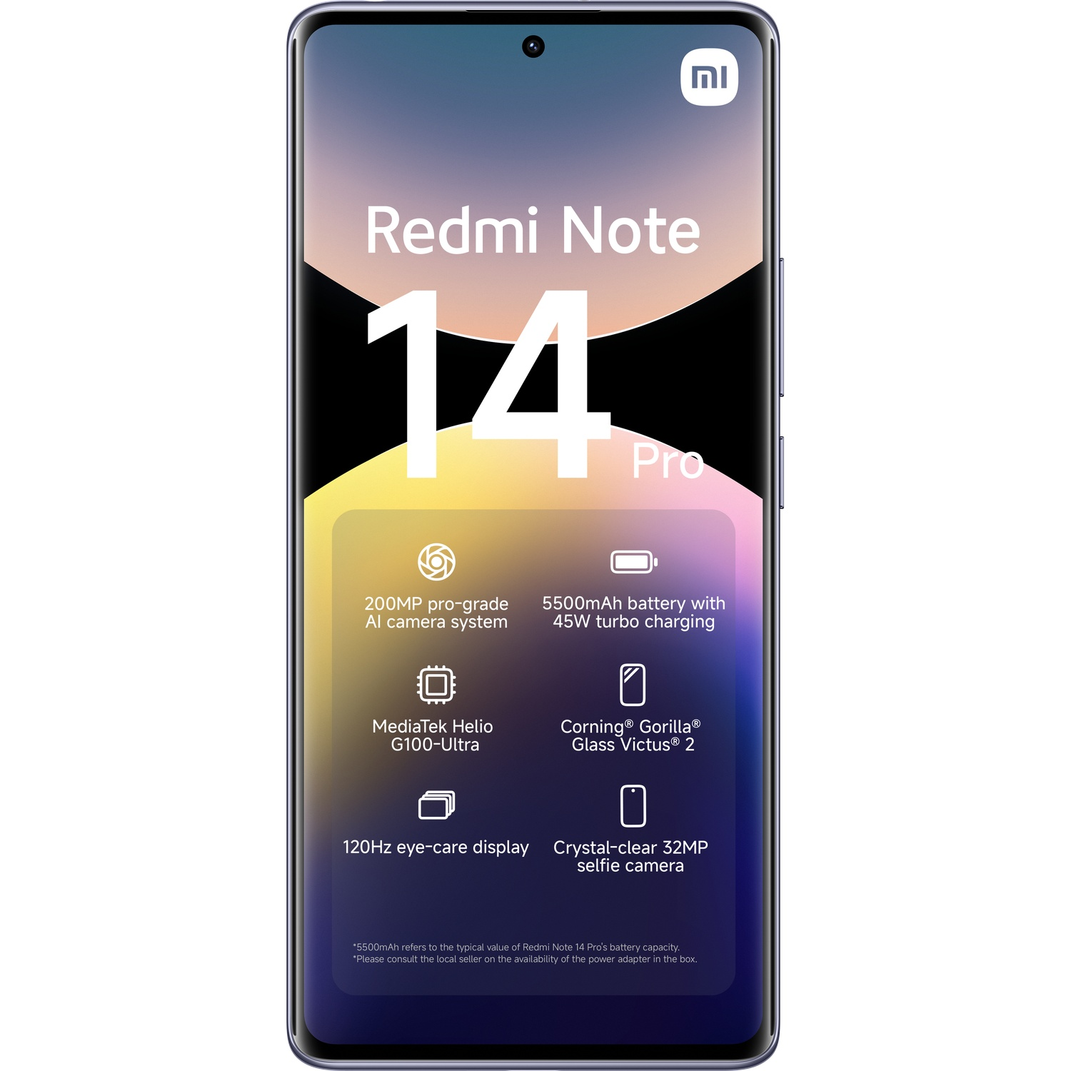 A smartphone screen showing Redmi Note 14 Pro features, with a logo.