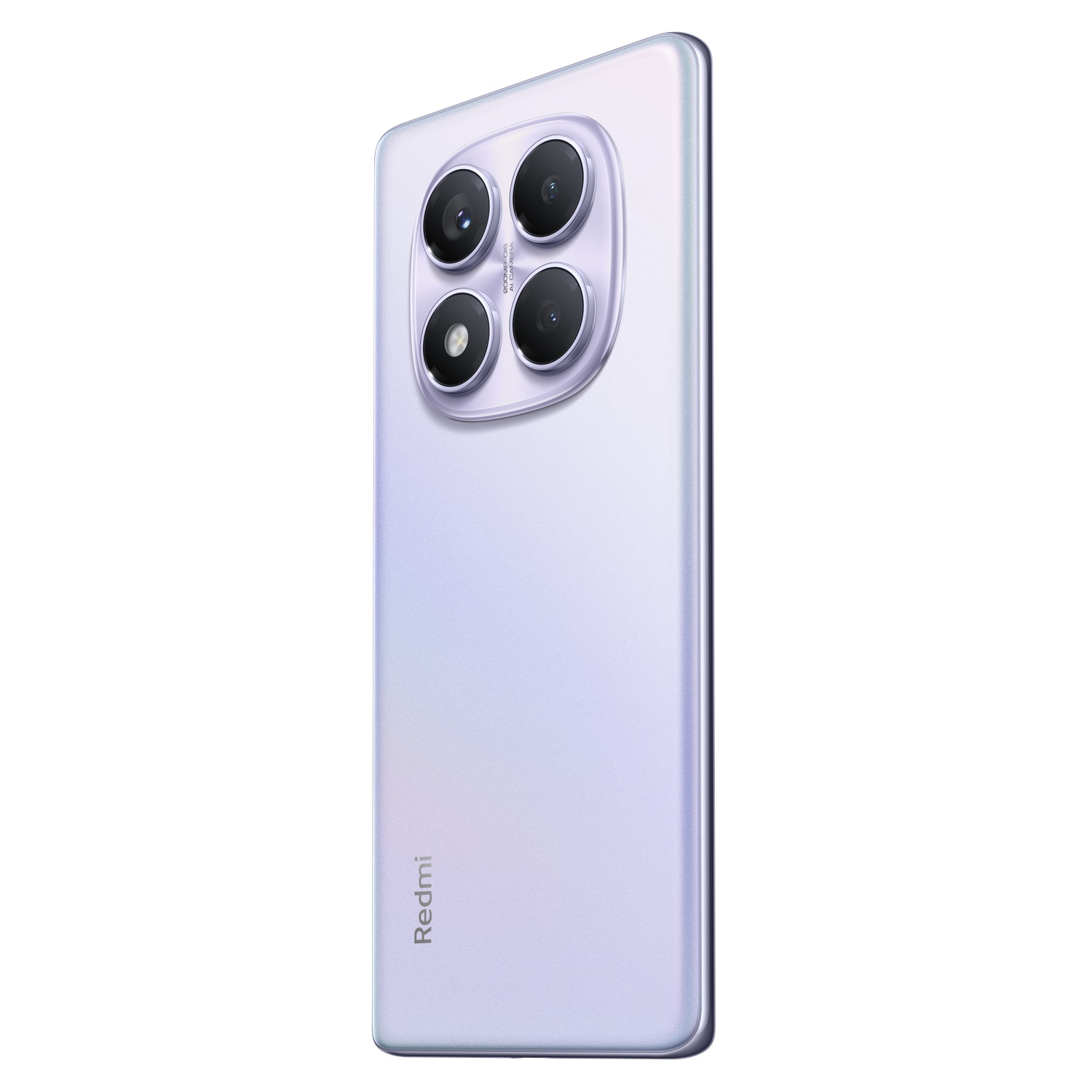 Light purple phone's rear with four cameras and Redmi logo.