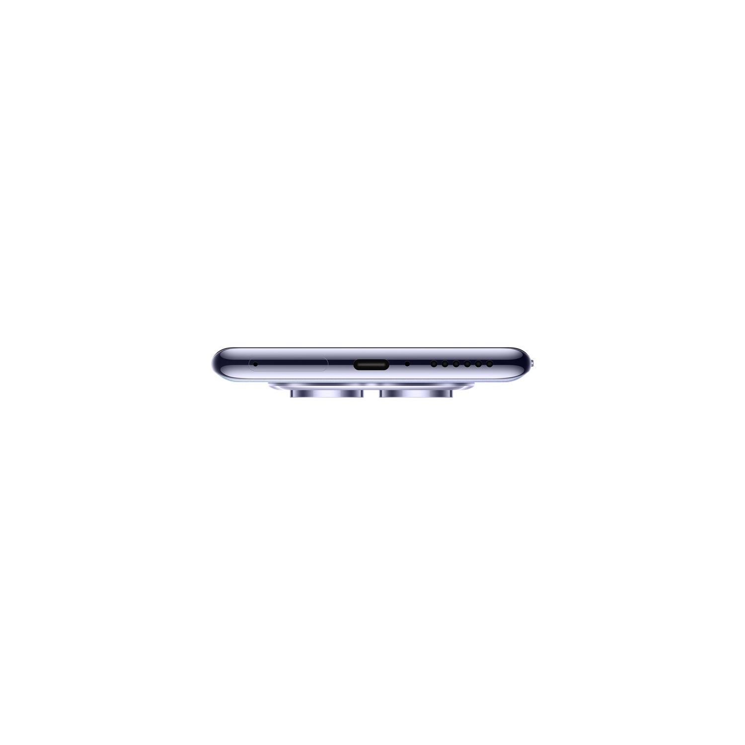 Top view of a phone with a purple back and two camera lenses.