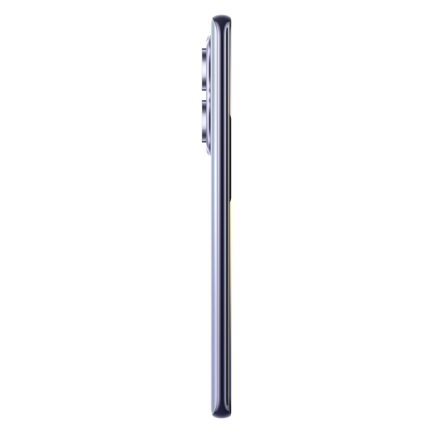 A side view of a phone. The phone is purple/silver, with multiple cameras.