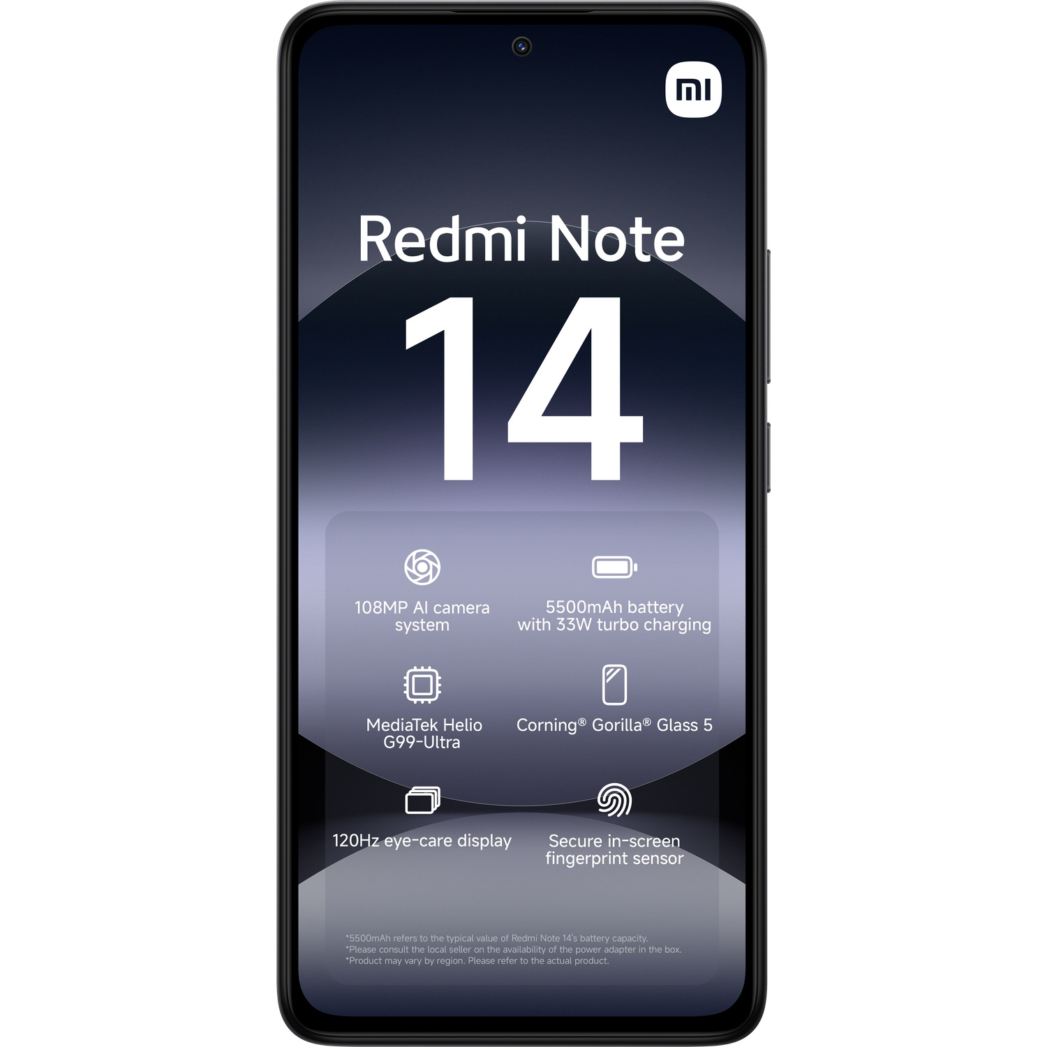 Un smartphone Redmi Note 14 montrant l'avant avec des informations à l'écran.
